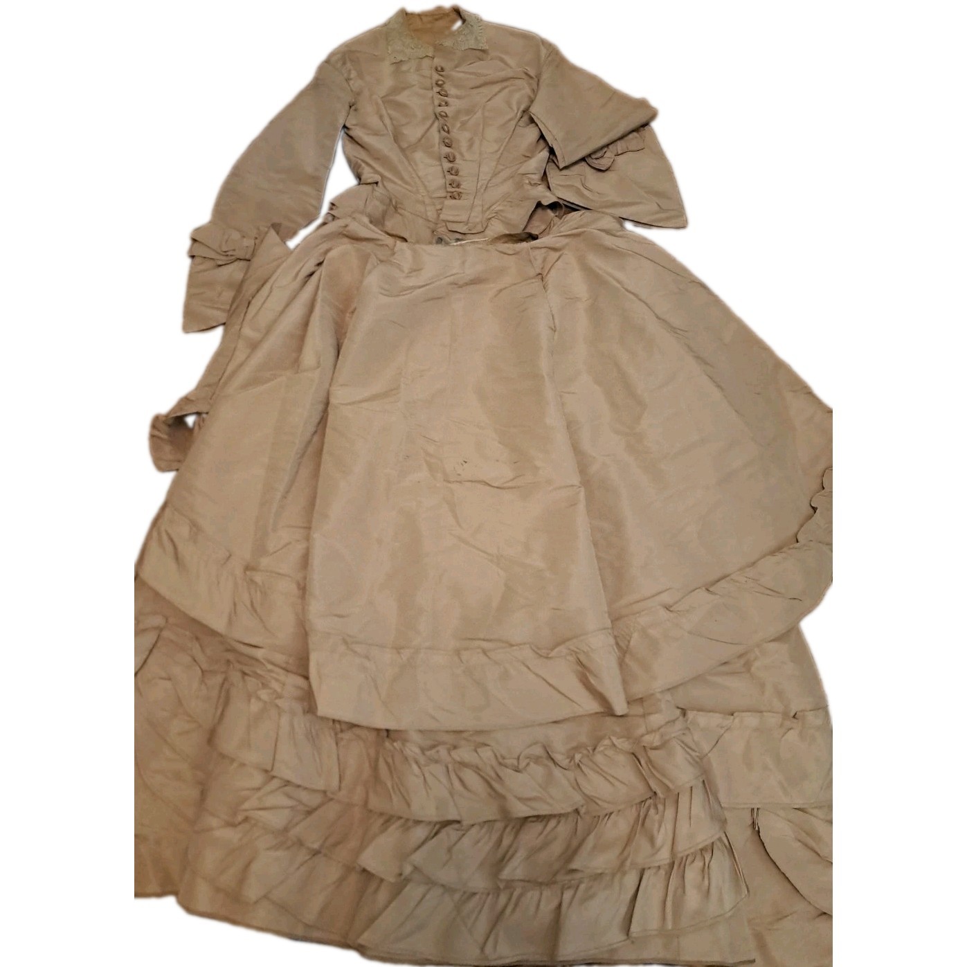 Antique Victorian Dress Bodice & Layered Skirt Taffeta Ruffled Bows Lace XS