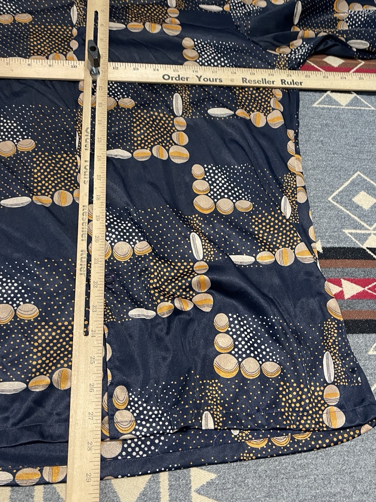 Vintage 70s Geometric Abstract Blouse Navy Gold Women’s L USA T2