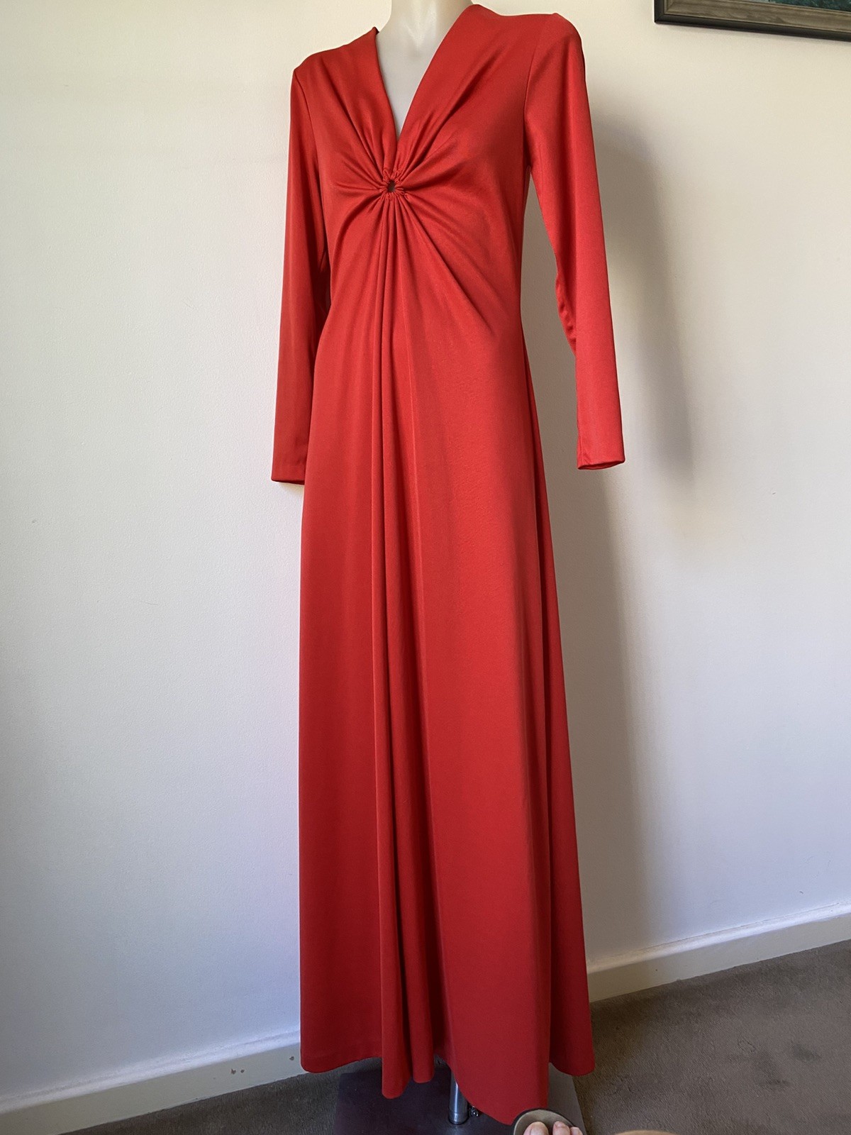 70,s Orig Red Knit Maxi With Unusual Neckline. B34”, W 30”