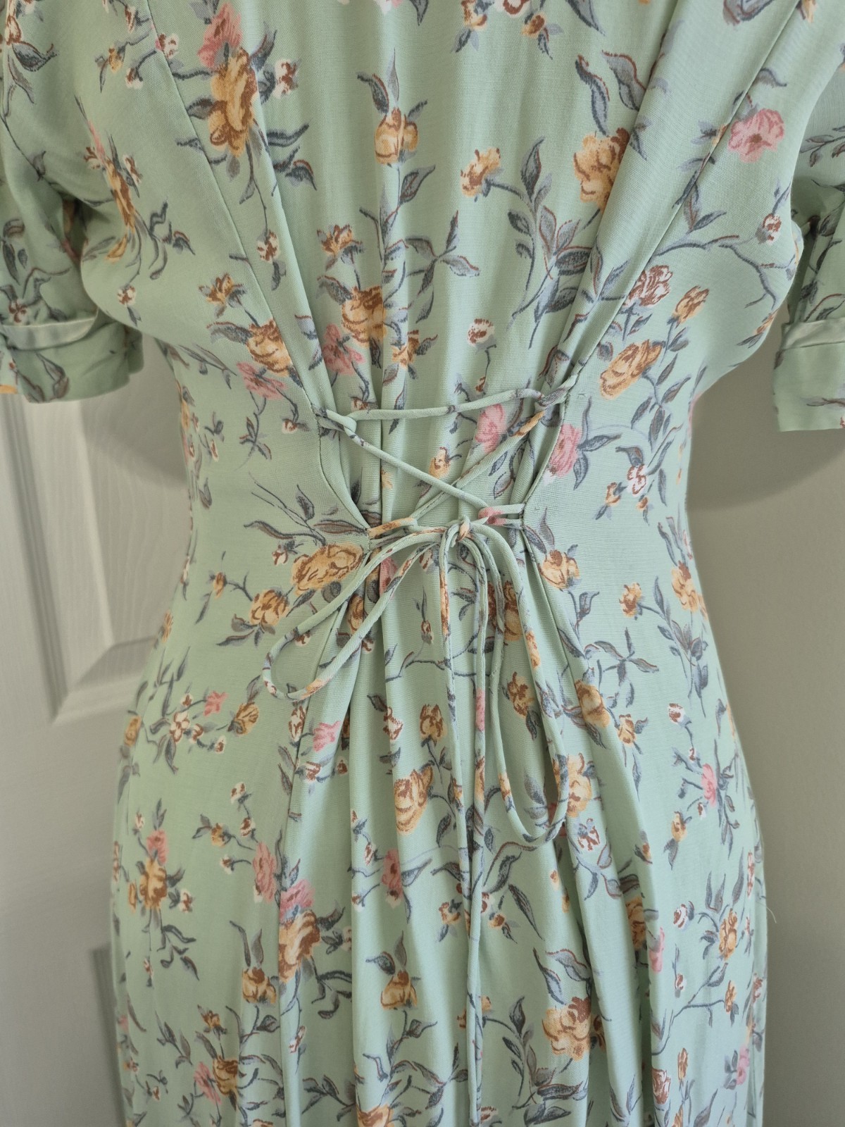 Vintage 80s Ed Michaels Rayon Tea Dress Mint Green Floral Cottagecore Midi M/L