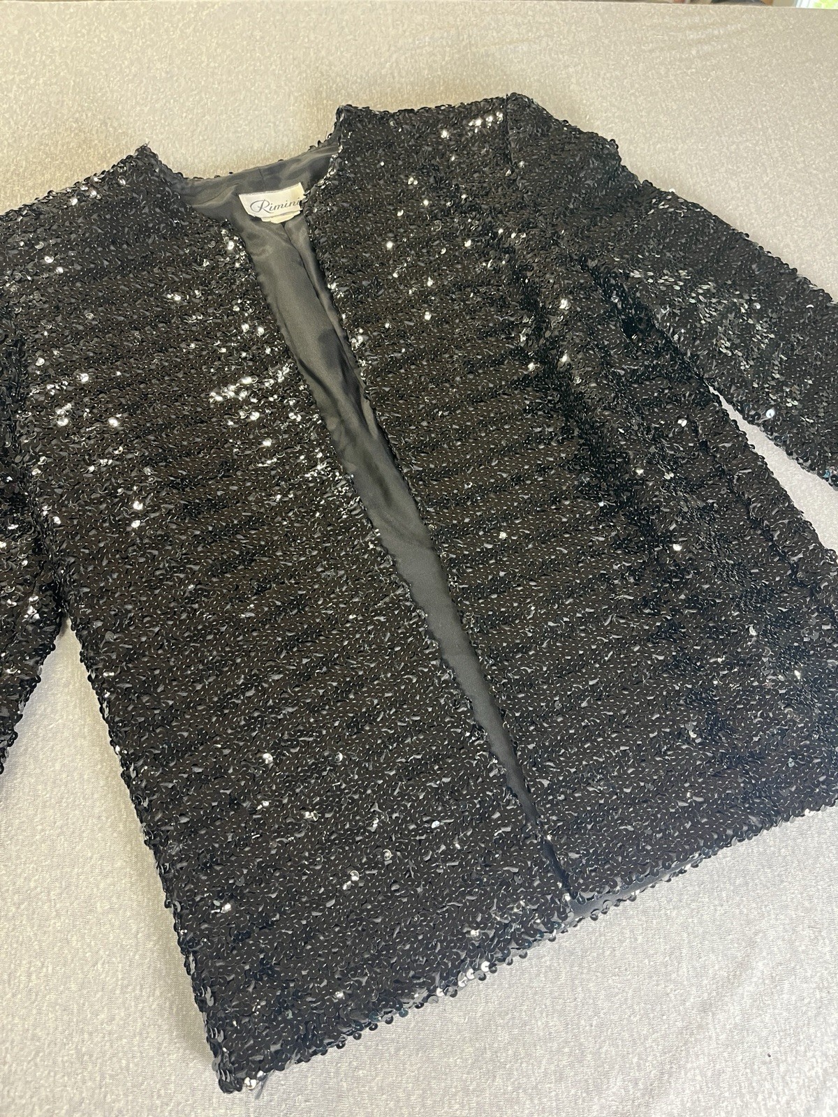 Vintage Rimini Sequin Blazer Jacket Black Size 10 Shoulder Pads 90’s Formal Work