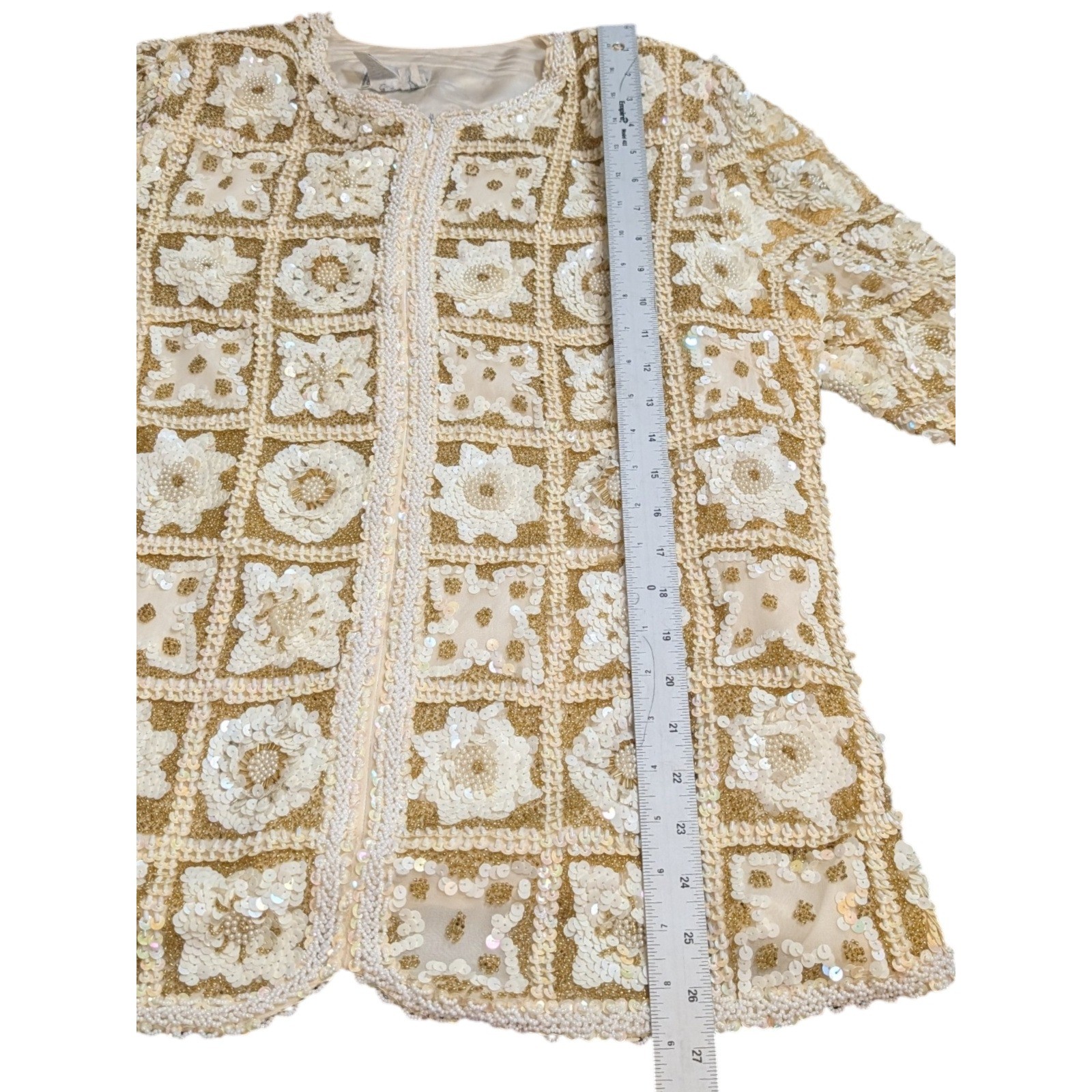 Galleria International Vintage Silk Beaded Sequin Jacket Gold Cream Floral Sz 14