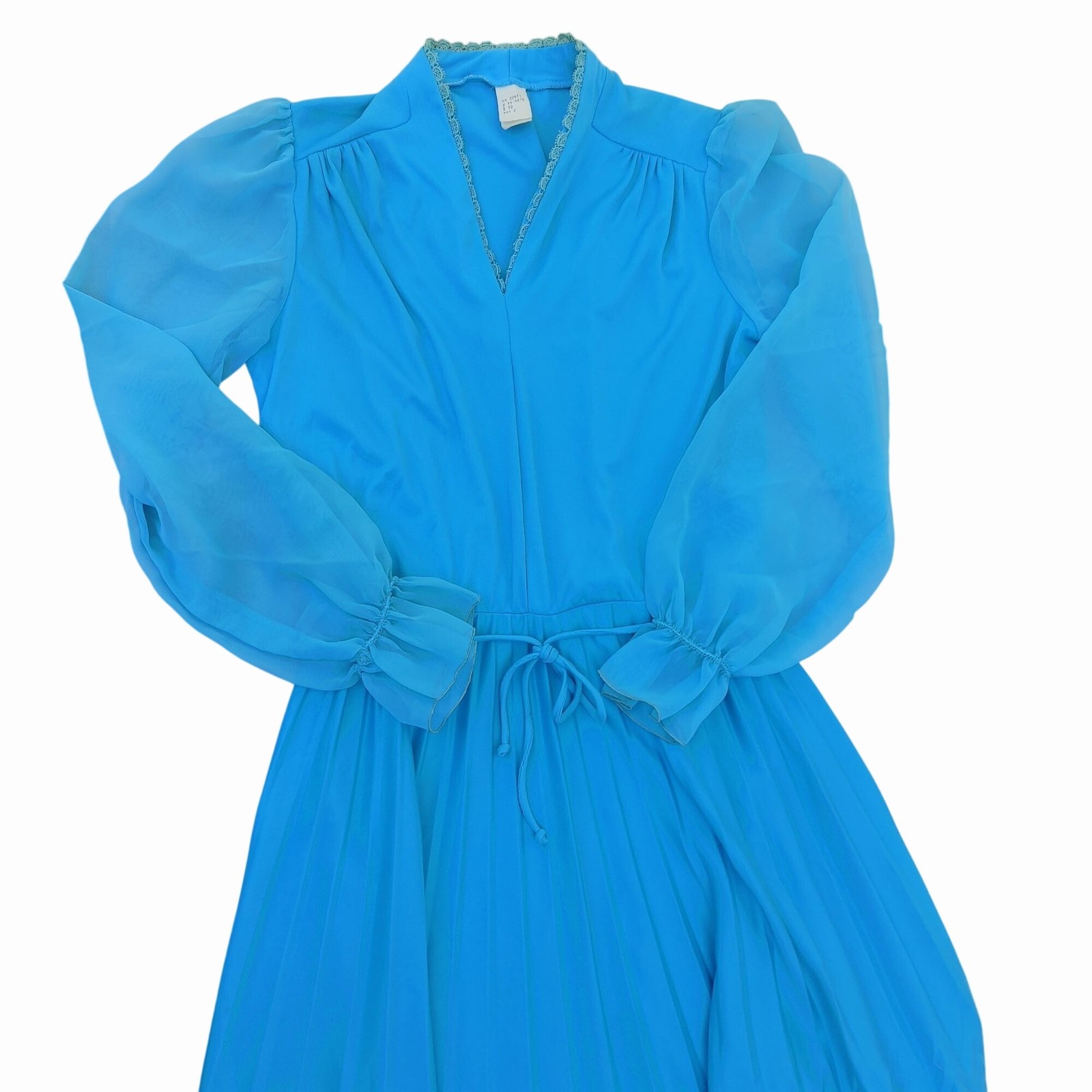 Turquoise Blue Long Sleeve Dress Sz 10 Vintage Sheer Sleeves Pleated Skirt Retro