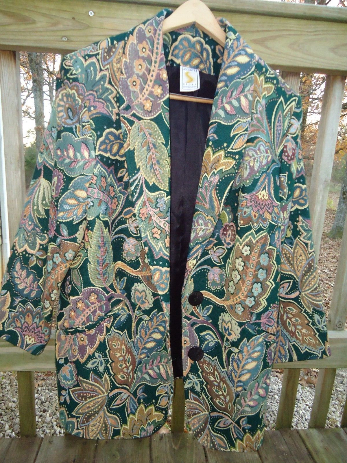 VTG Green Floral Tapestry Blazer Ascente 2X Shoulder Pads Pockets Granny Core