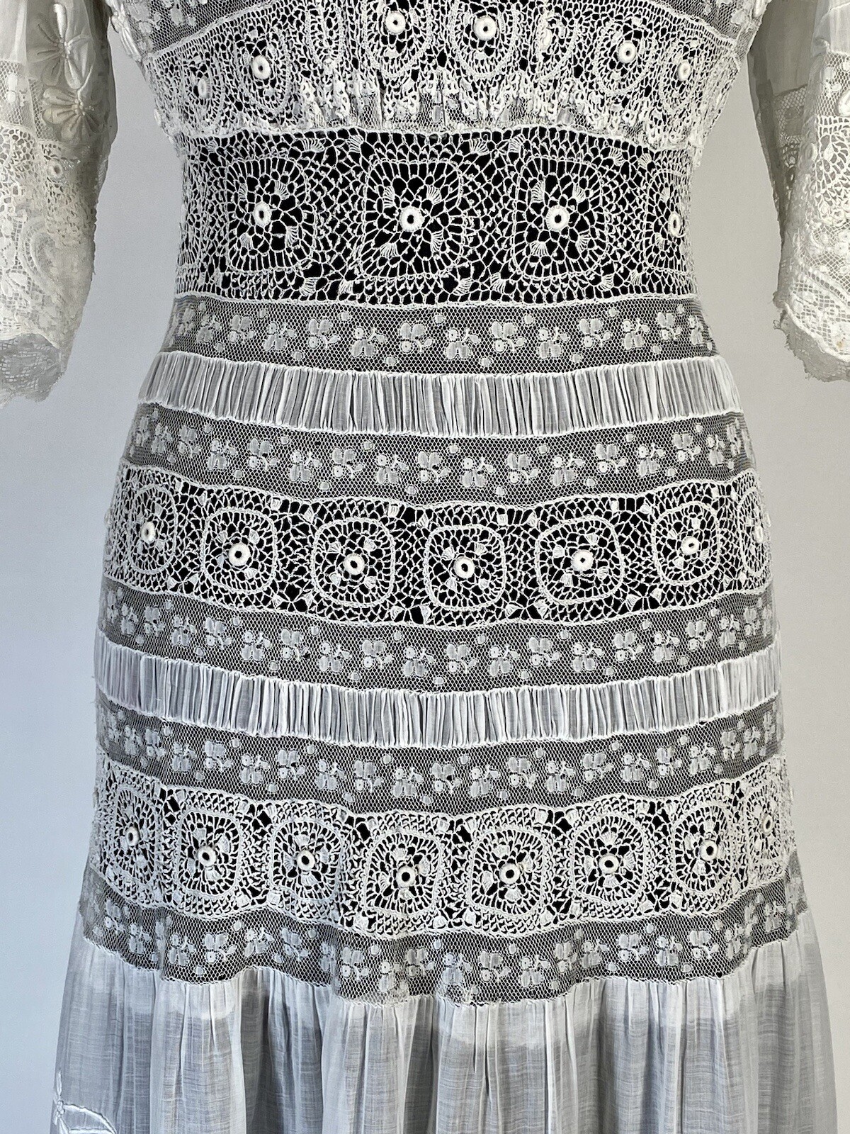 Antique late Victorian-Edwardian intricate pieced lace sheer wedding gown dress