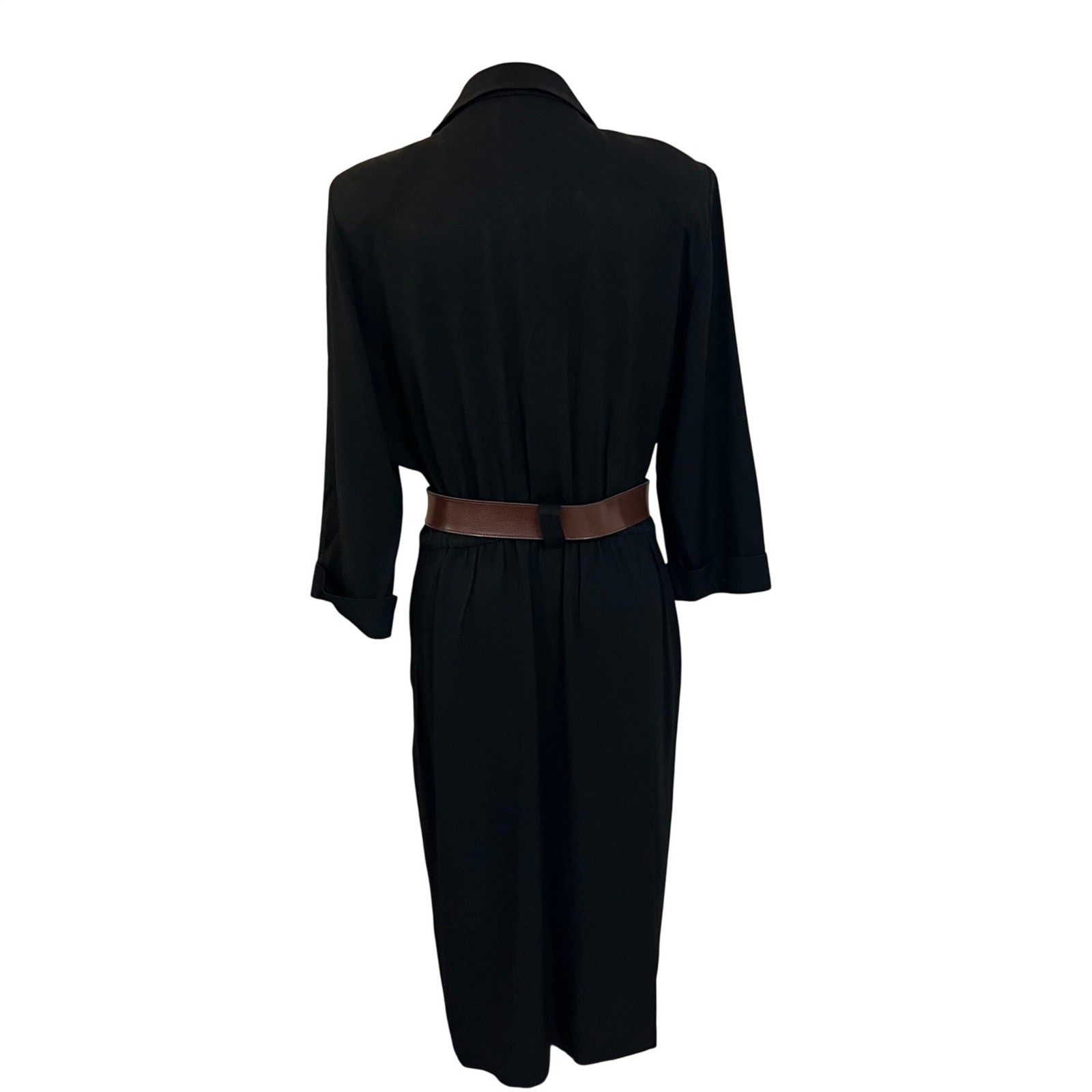 Vintage Studio I Black Crepe Midi Shirt Dress Utility Belted Pockets Petite S M