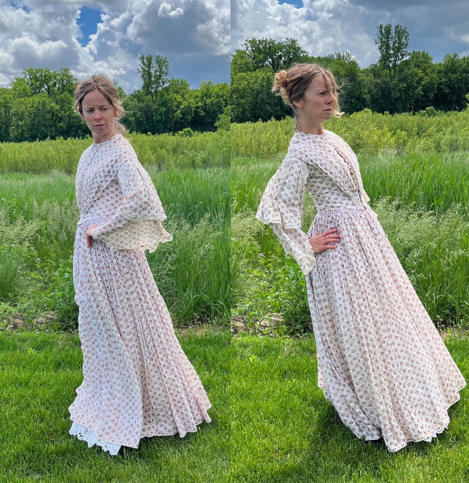 1850s Victorian Printed Rosebud Cotton Fan Front Dress Tiered Pagoda Sleeves XS