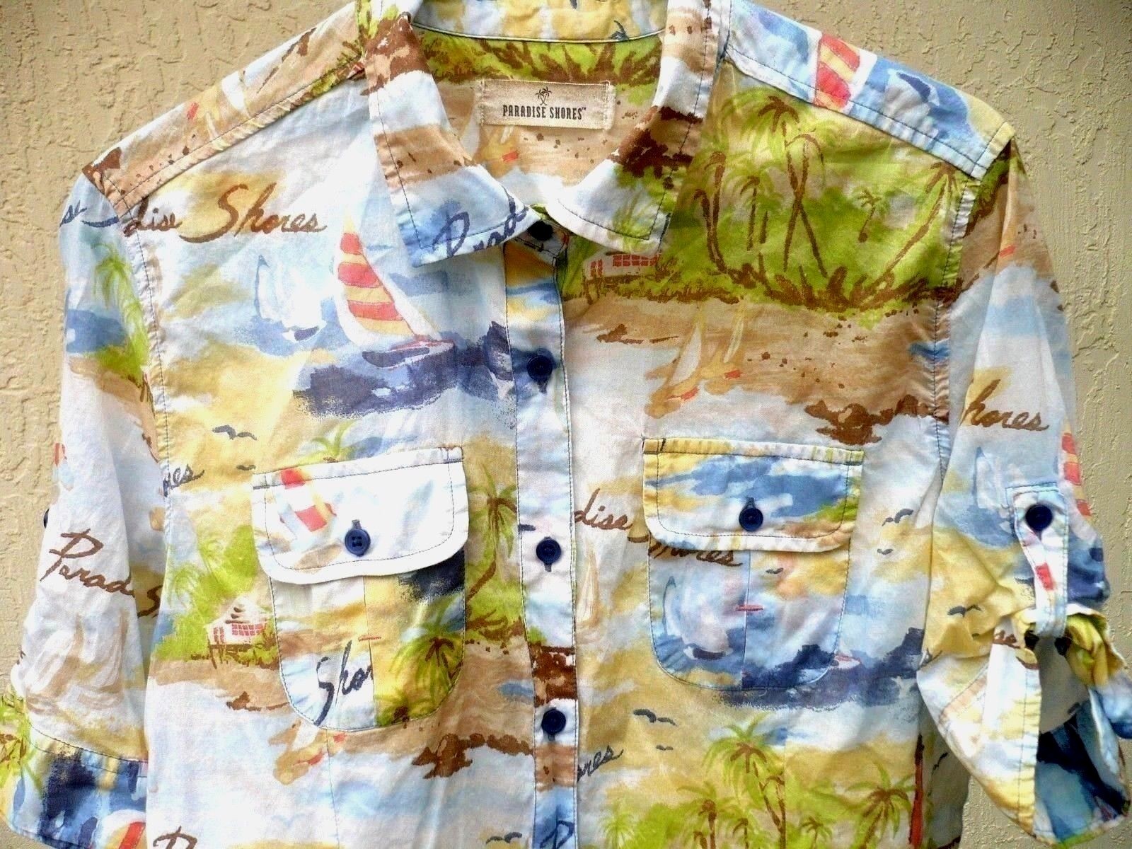 VTG 90S SZ L PARADISE SHORES SCENE BIRD BOAT PRINT TAB SLEEVE COTTON SHIRT WOMEN