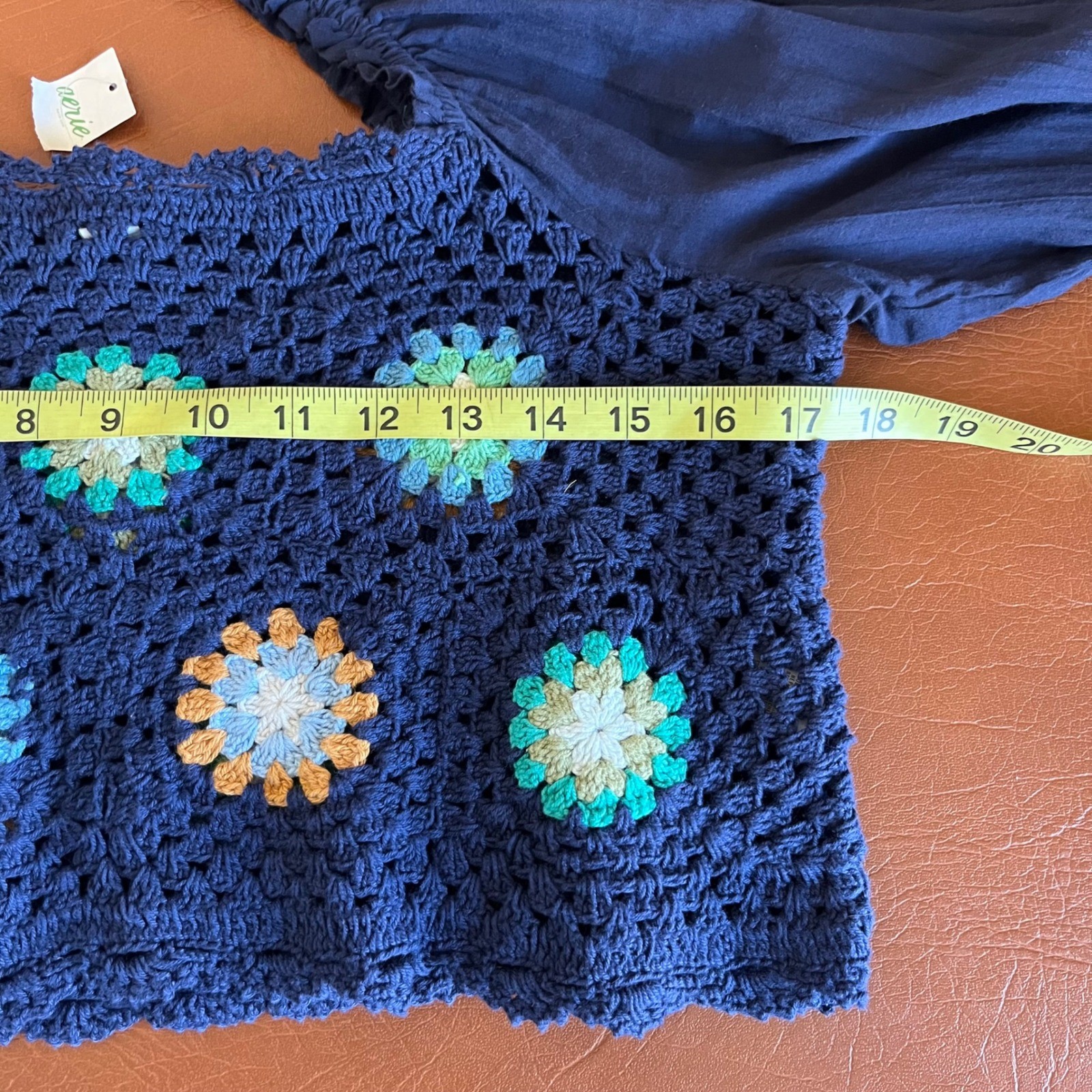 Aerie Crochet Granny Square Crop Top Navy Blue Balloon Sleeve Small Boho NWT