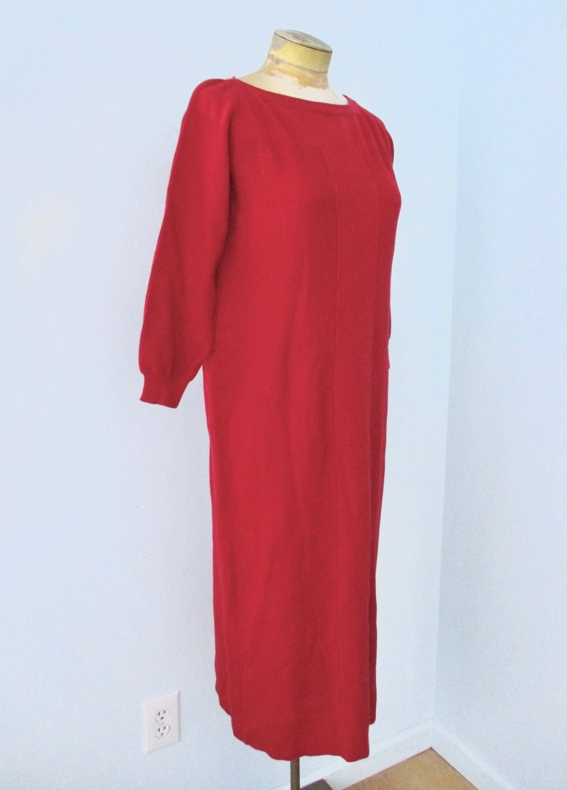 Vtg 50s 60s red wool rib knit sweater midi dress bateau neck puff sleeves 12