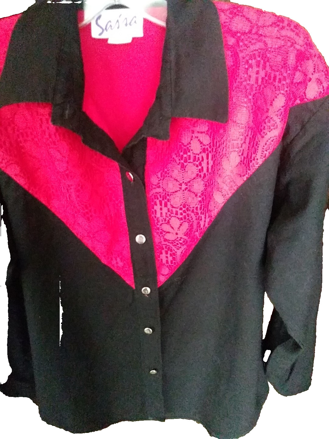 Vintage Saisa Red Lace/Black Western Shirt Button Up Womens M