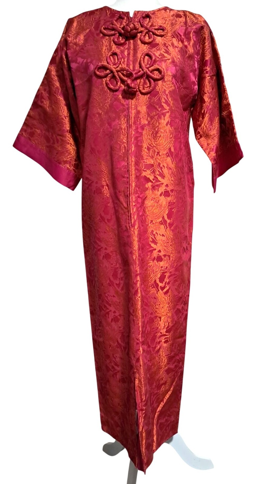 Vintage Pink & Orange Brocade Kimono Dress With Mandarin Collar Frog Buttons Hel
