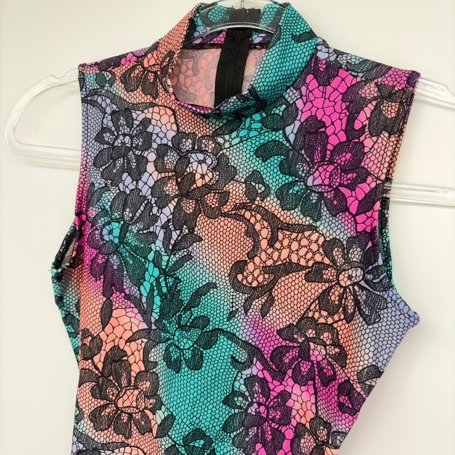 Gilda Marx Flexatard Vintage 80s Floral Lace Print Mock Neck Leotard Sz S USA