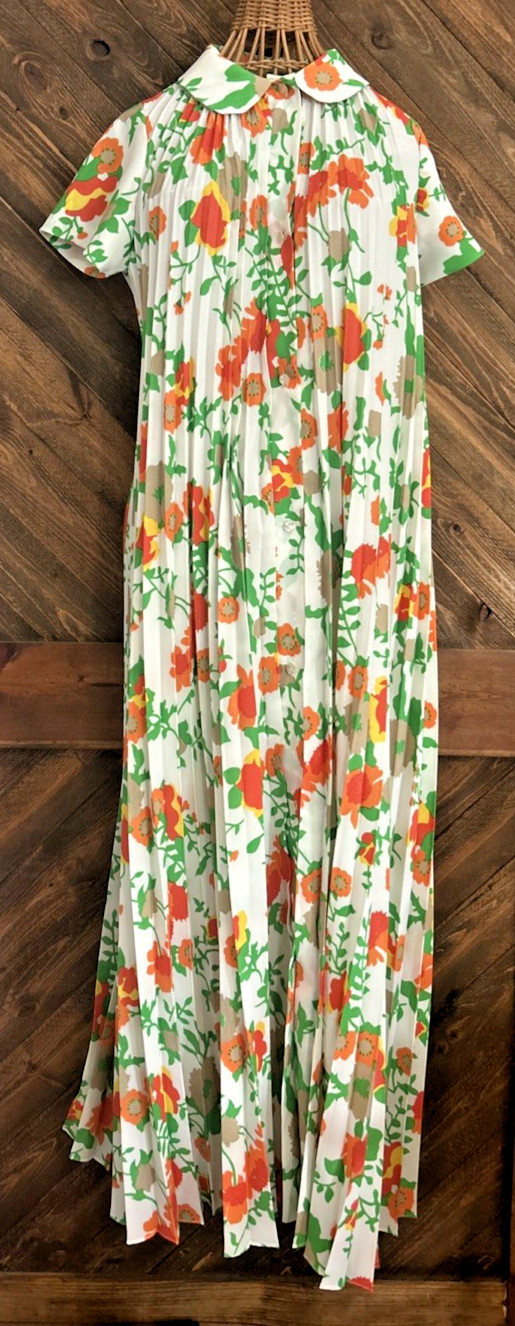 Vtg EVE STILLMAN PLEATED MOD LINGERIE HOLLYWOOD LOUNGEWEAR GOWN~ SIZE P~1960s
