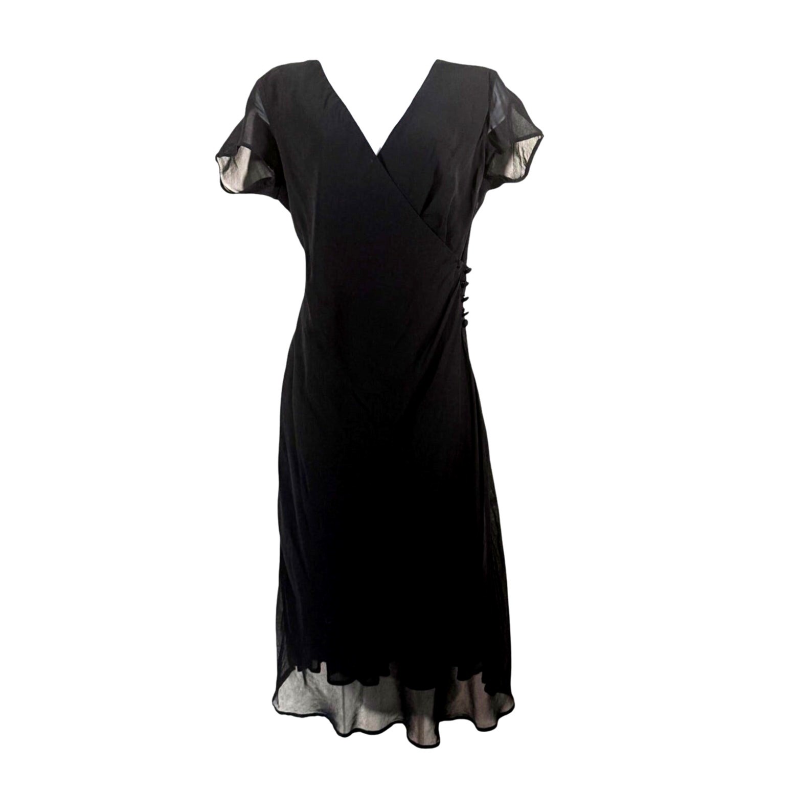 Vintage 90s Tessuto Black Flutter Sleeve Chiffon Button Front Wrap Dress Size M