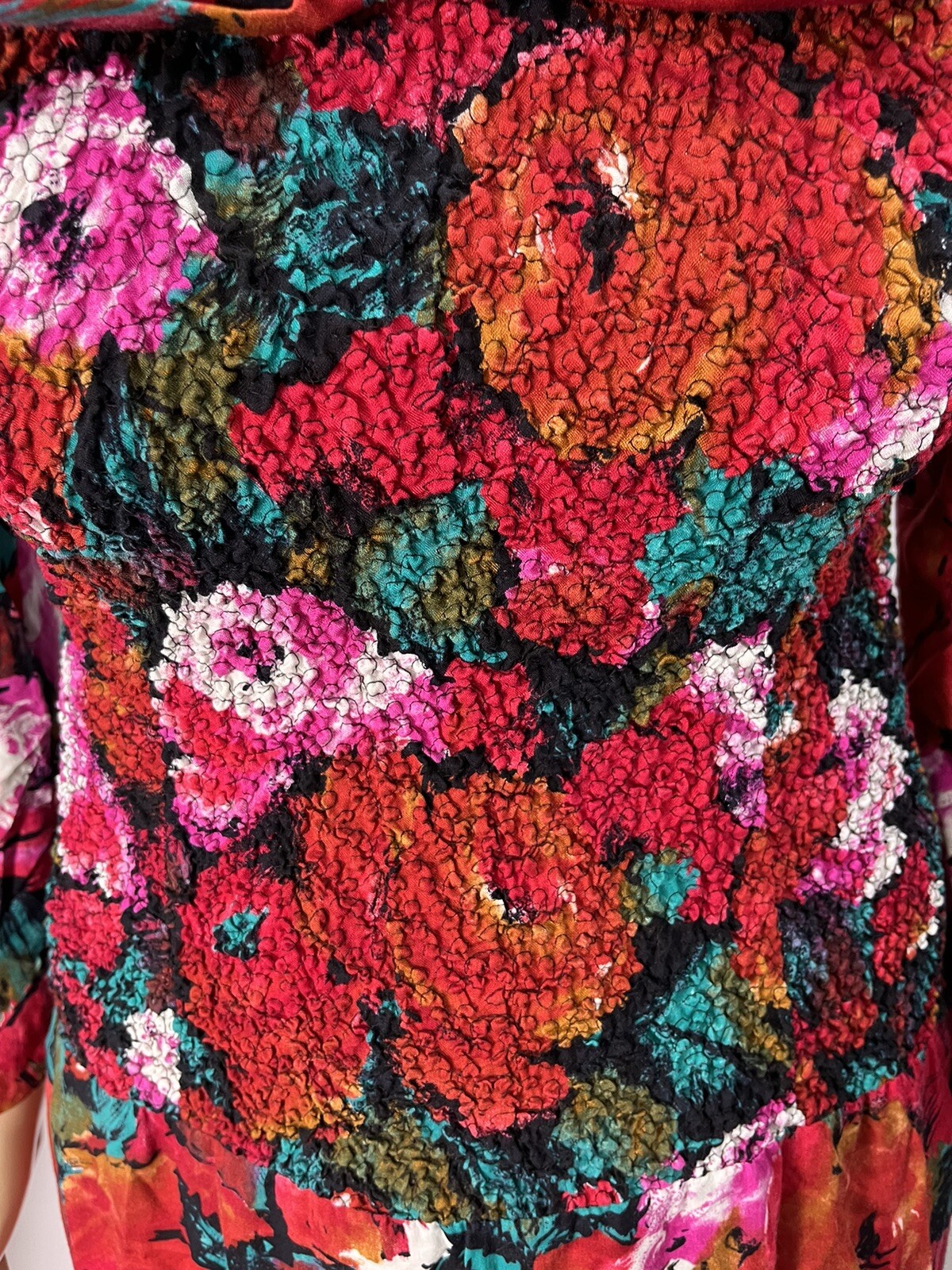 Vtg 80s Midi Tea Dress Smocked Floral Shawl Collar Bow Sz 14 LG Shoulder Pads