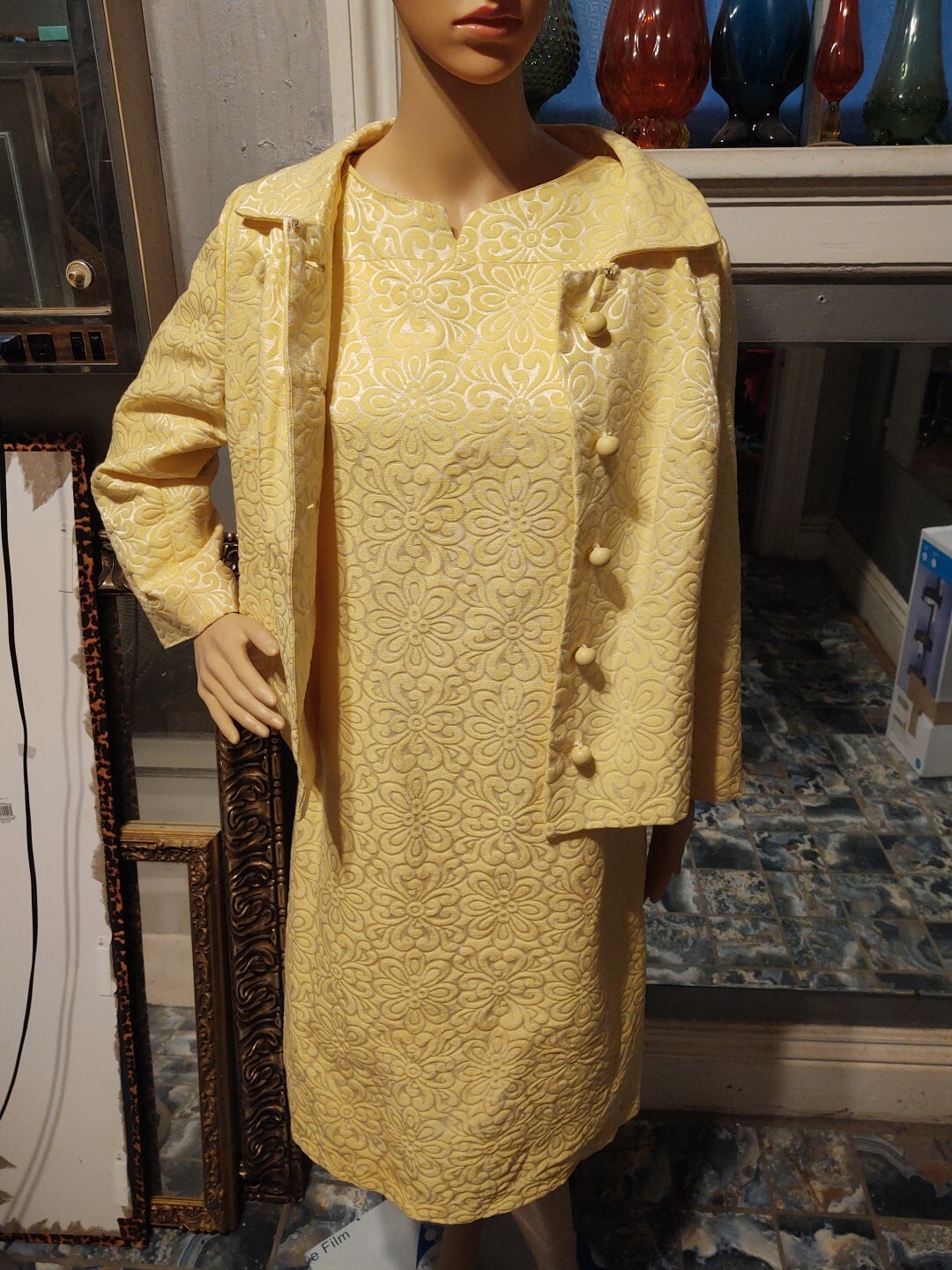 Vintage 1960s Elinor Gay Original Bright Yellow Shift Dress W/Jacket Sz 18