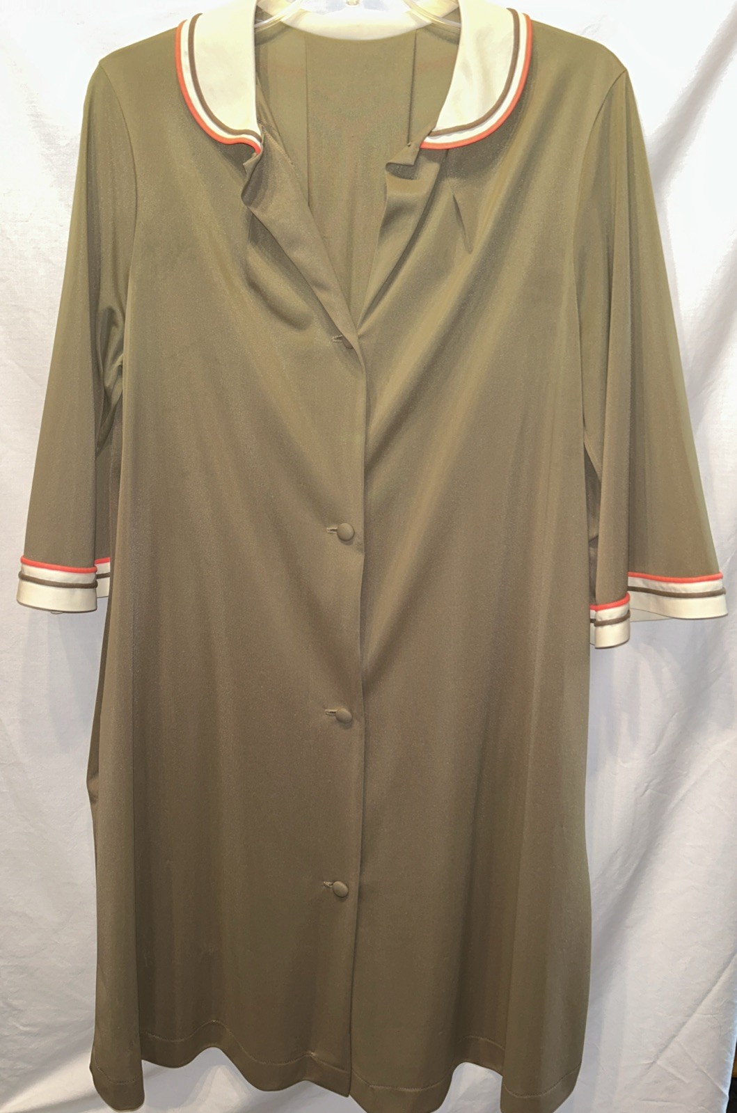 Vtg Loraine Sz Small Nylon House Dress Olive Pink Ivory Peter Pan Collar Cottage
