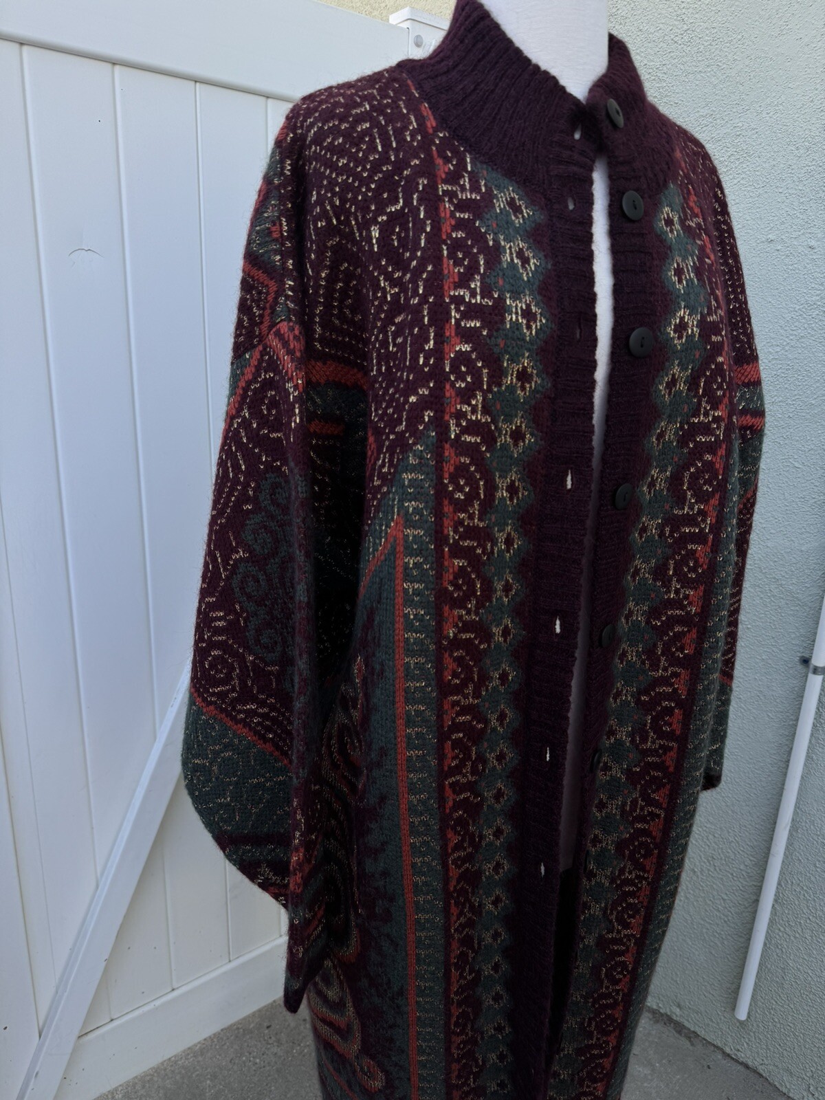 Vtg Cervelle Long Sweater Duster Size XL Burgundy Gold Wool Lurex Fall Pockets