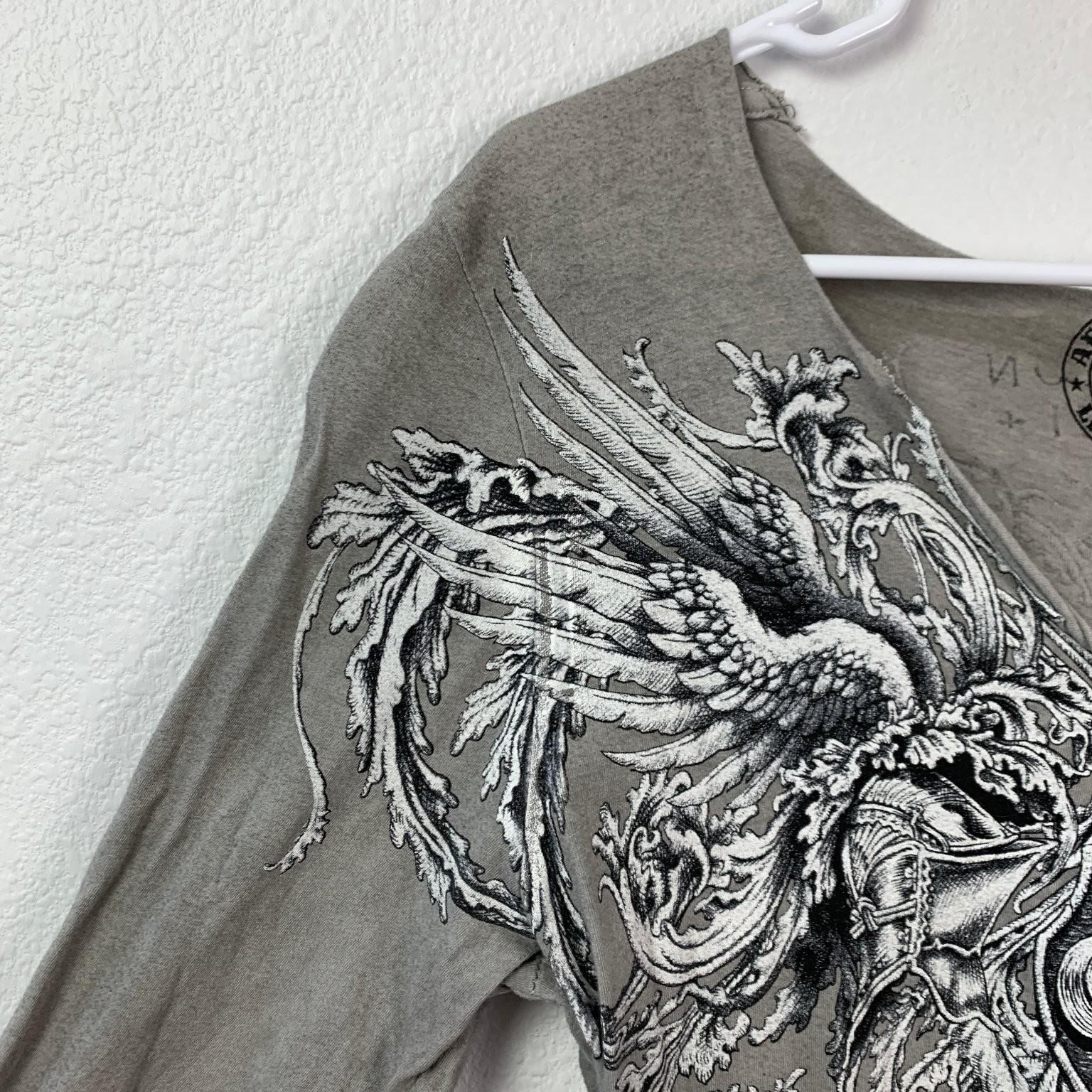 Y2K Affliction Live Fast Laced Raw Edge Long Sleeve Shirt Large Gray Wings