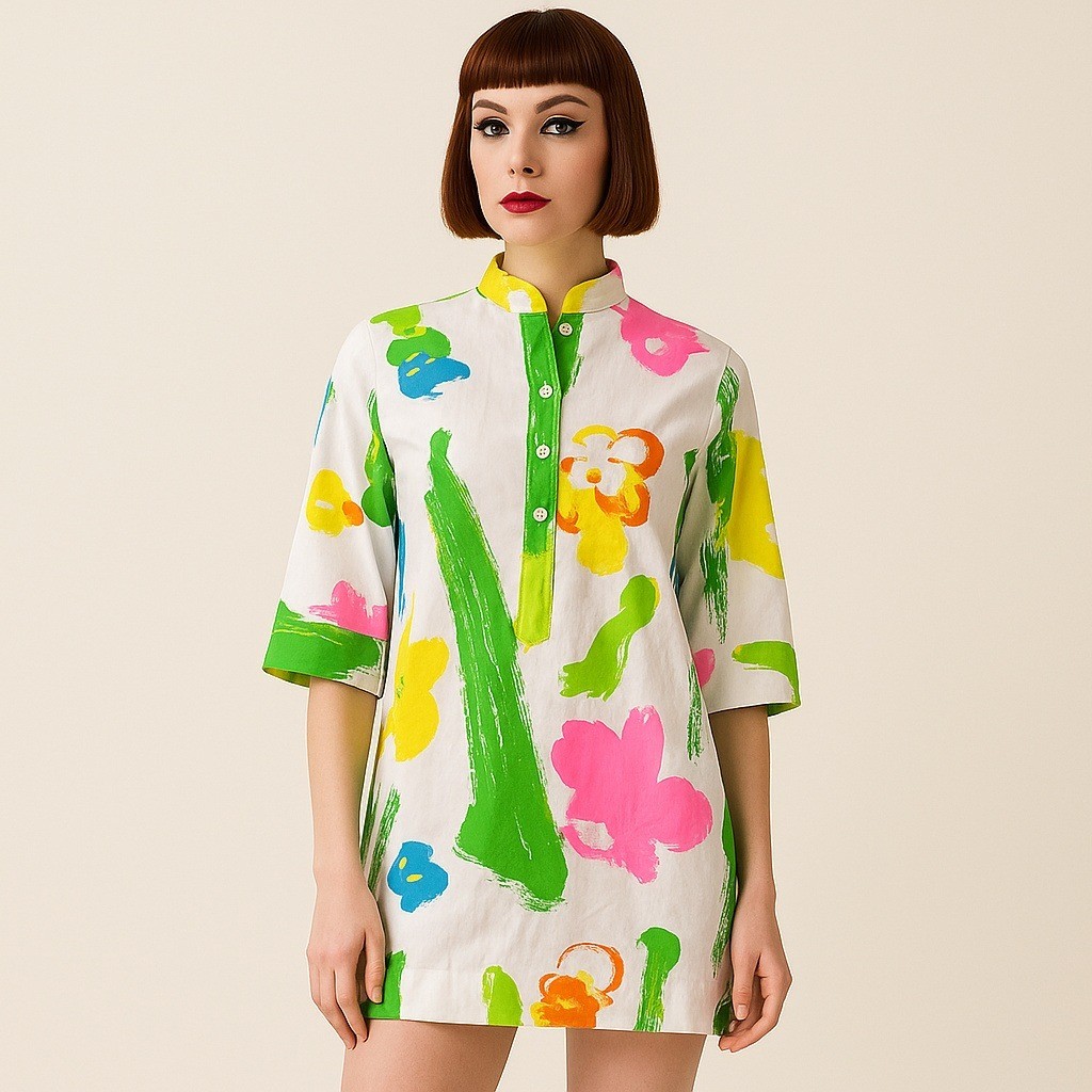 Vintage 70s CATHERINE OGUST M Neon Abstract Floral Tunic Mini Mod Dress