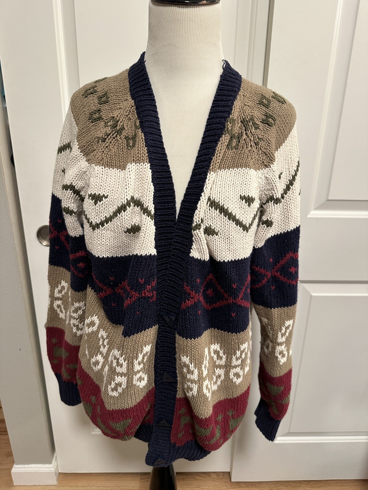 Vtg Patterned Blue Beige Red Green Cardigan Sweater 80’s Colorful Sz L Unisex