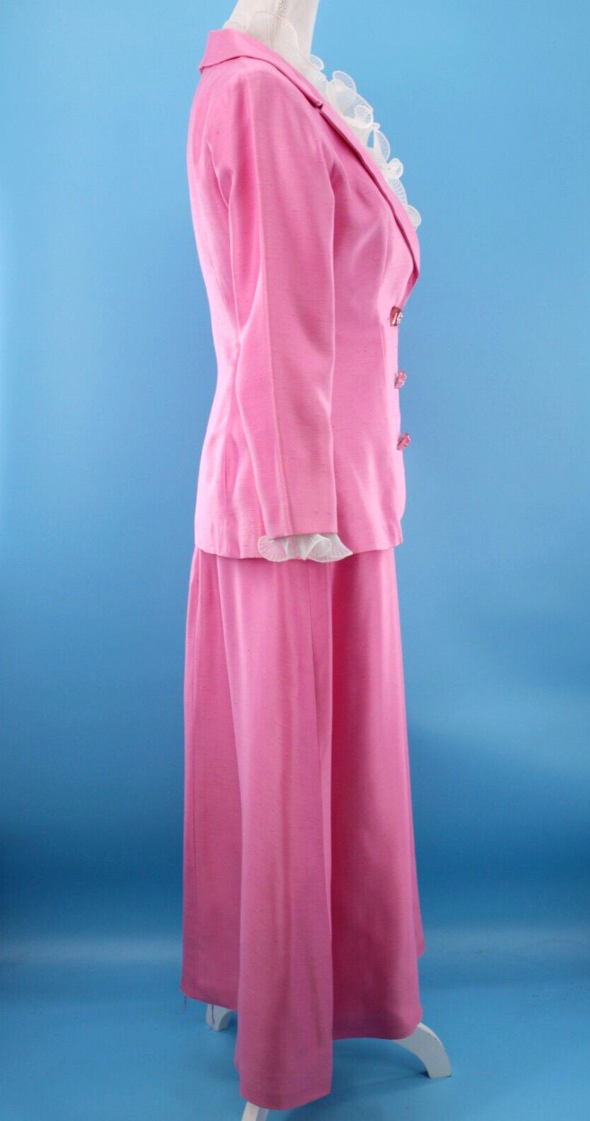 Vtg Women’s 60s 2 Pc Pink & White Ruffle Front Maxi Dress W/ Jacket XS/S 1960s