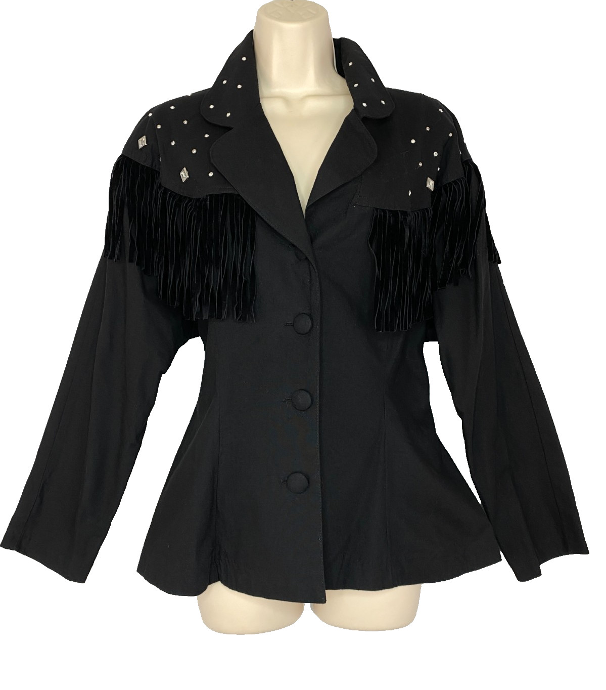 Vintage 1980s black fringe jacket L XL beaded embellished cotton blazer Western