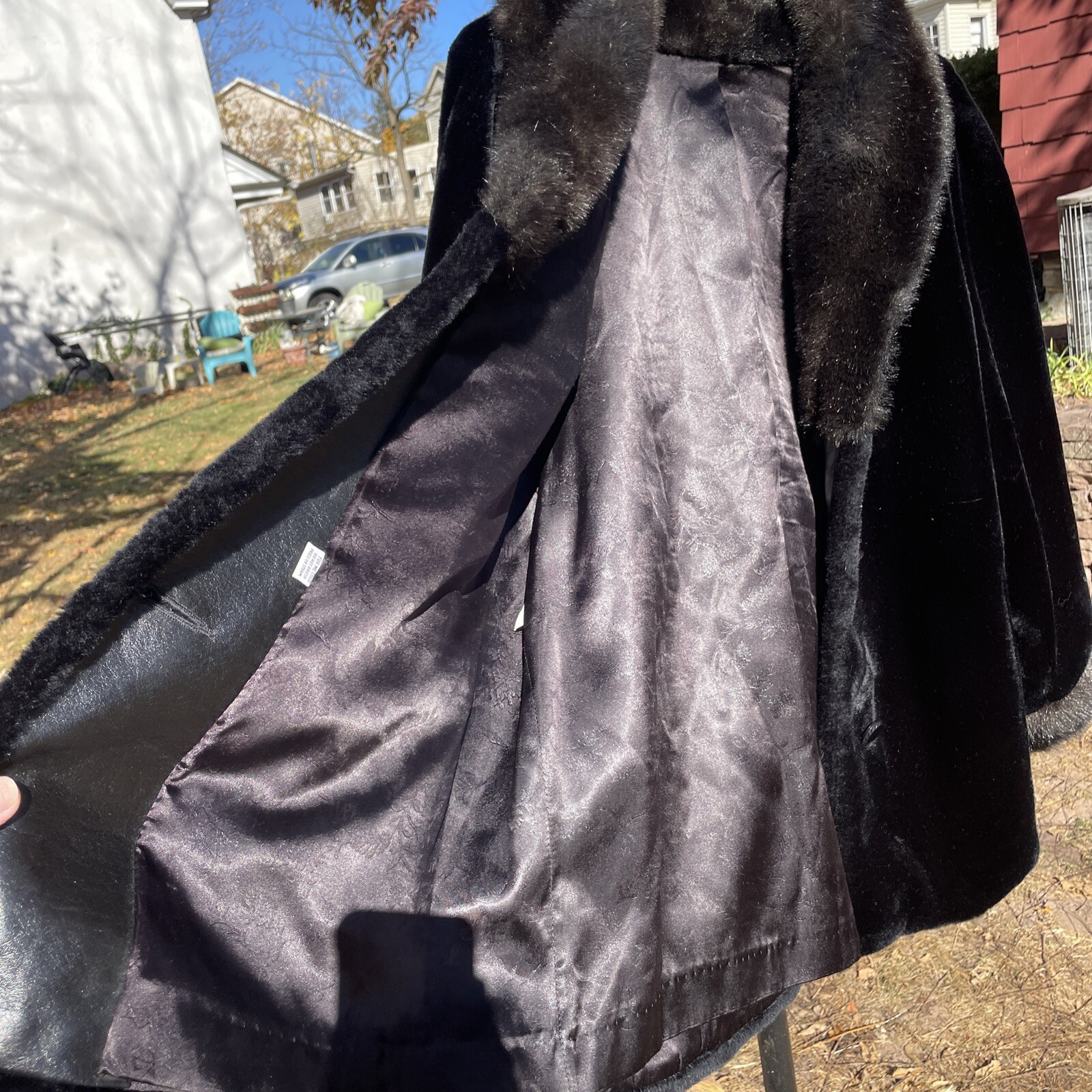 Hillmore NY Fur Coat Faux Black Vintage Granny Core Large Luxe EUC