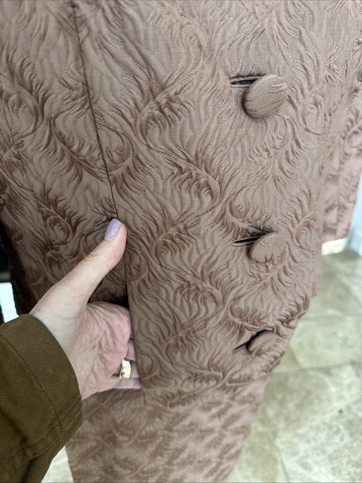 Sophie Gimbel Couture For Saks 50s Mocha Brown Silk Matelasse 3 Piece Skirt Suit