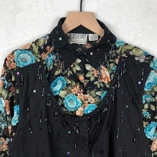 VTG Speed Limit MPH Floral Beaded Sequin Vest Overlay Shirt Women’s M Western