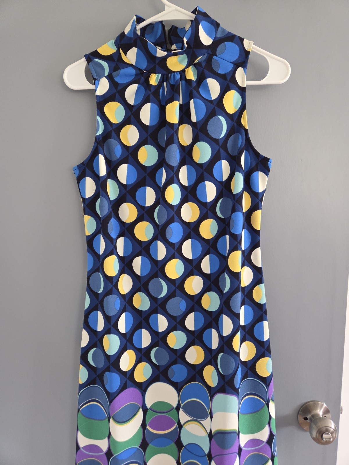 London Times Mod GoGo Shift Dress Blue Yellow Purple Geometric Pattern Size 4