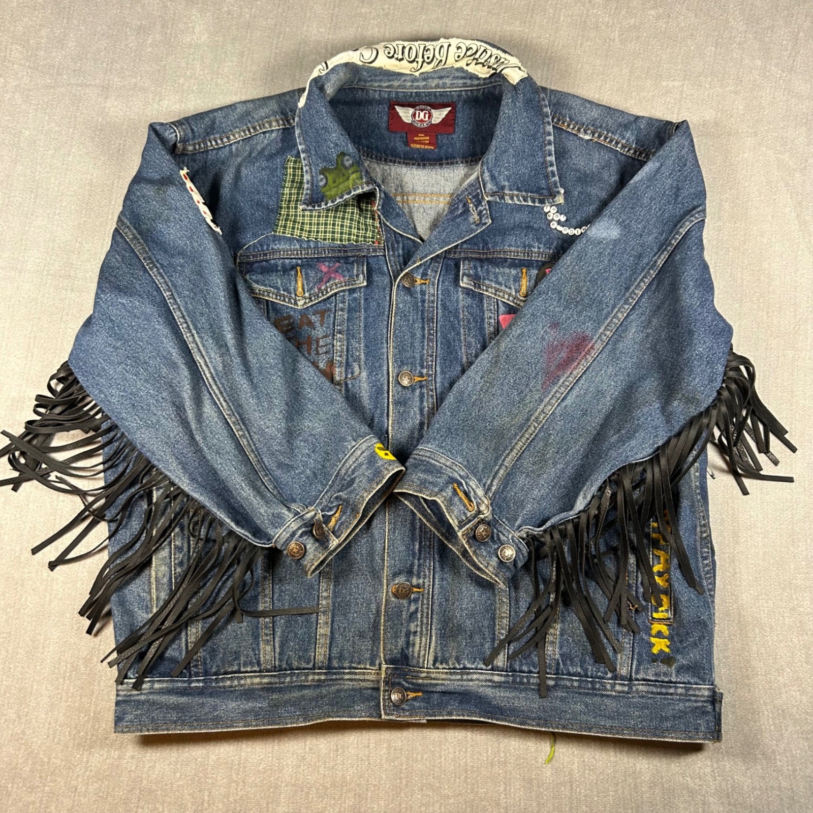 Denim Gear DIY Punk Custom Fringe Jean Jacket XXL Blue Distressed Eat The Rich