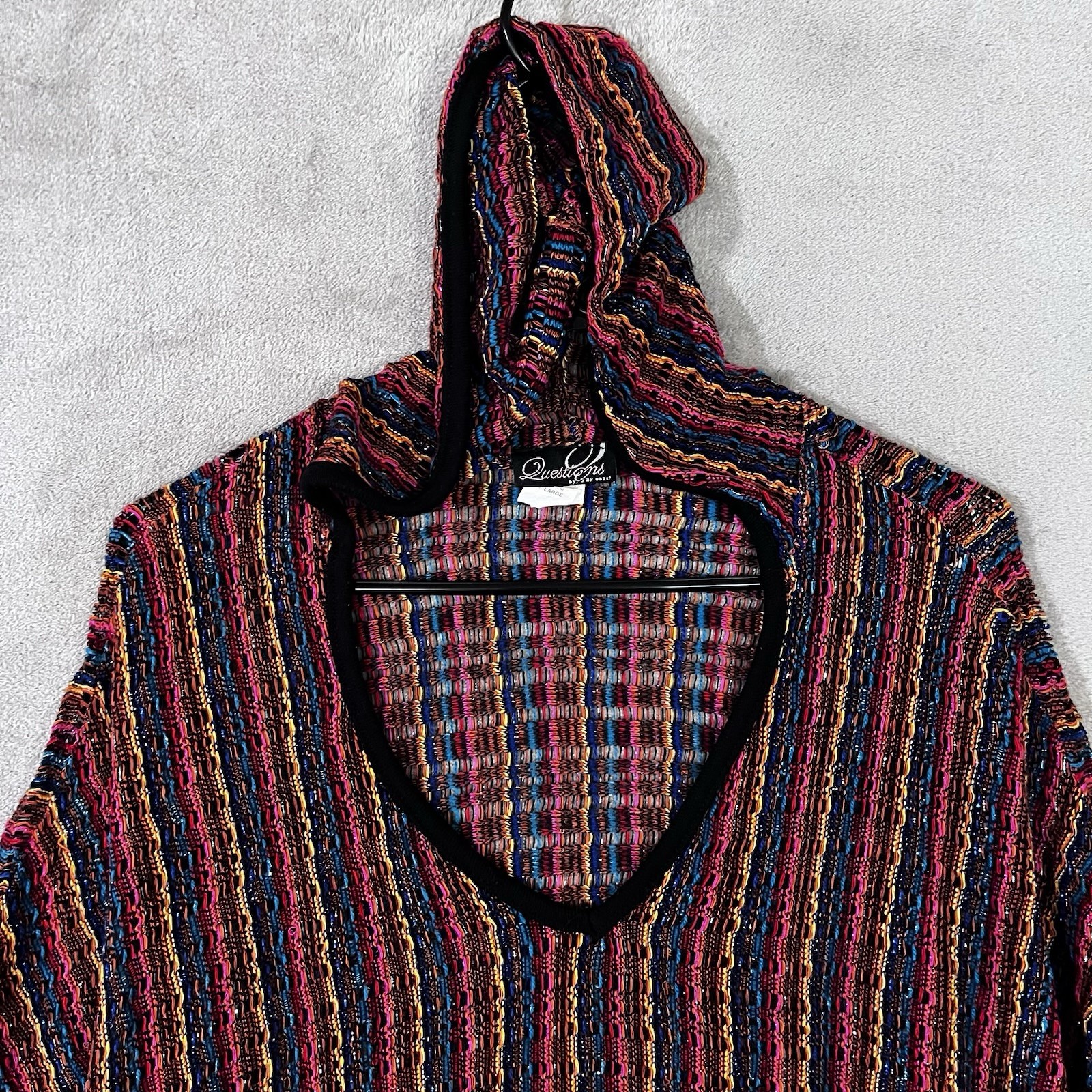 SAY WHAT? CROCHET SHAWL CARDIGAN Women XL HIPPIE Festive Colors Metallic Vtg
