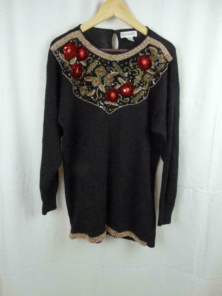 Eminent Vintage Sweater Black Size Medium Gold Flower Beaded Embellished Top 80s