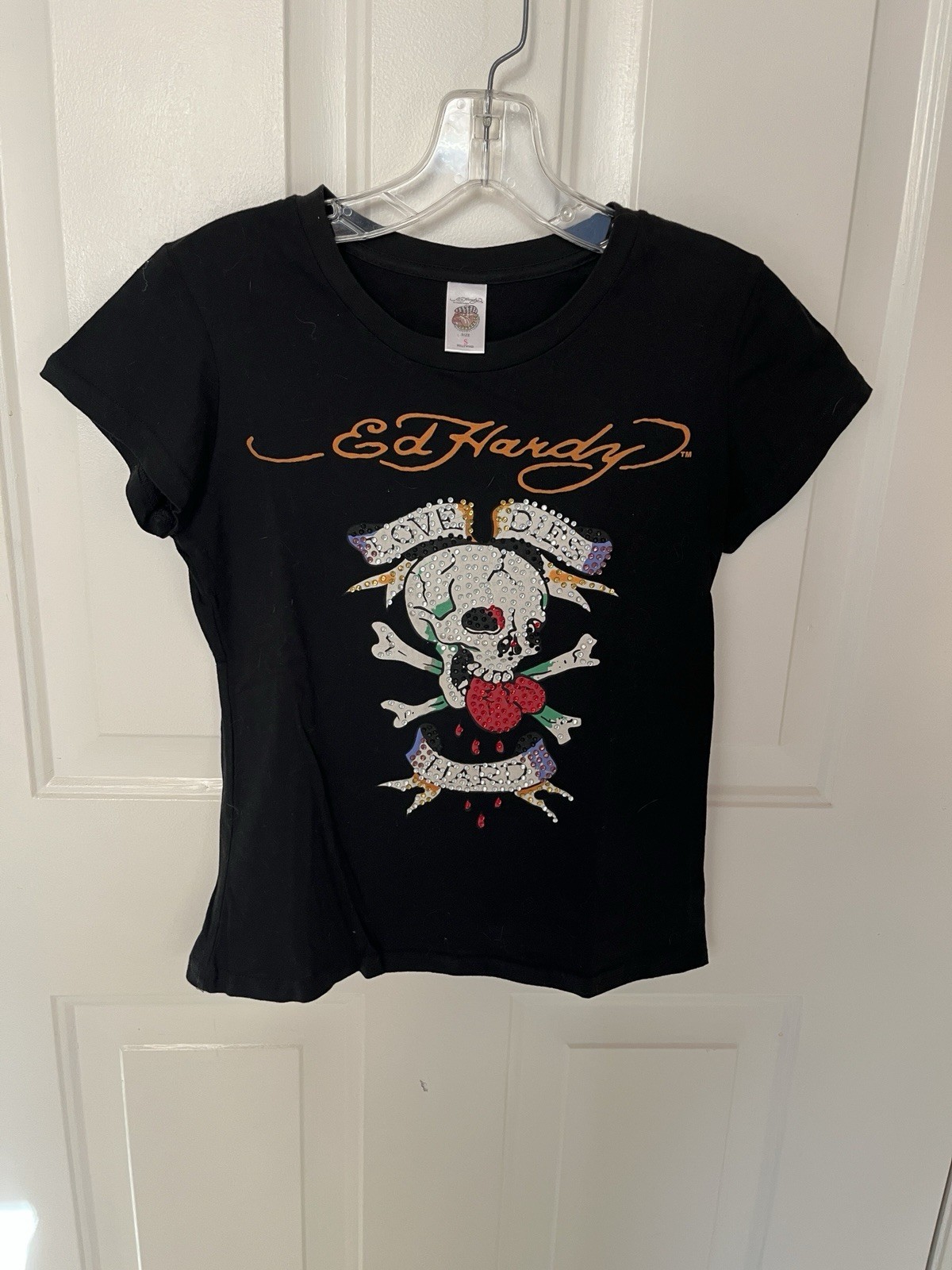 vintage y2k new (no tags) Ed Hardy love dies hard crystal embellished sm tshirt