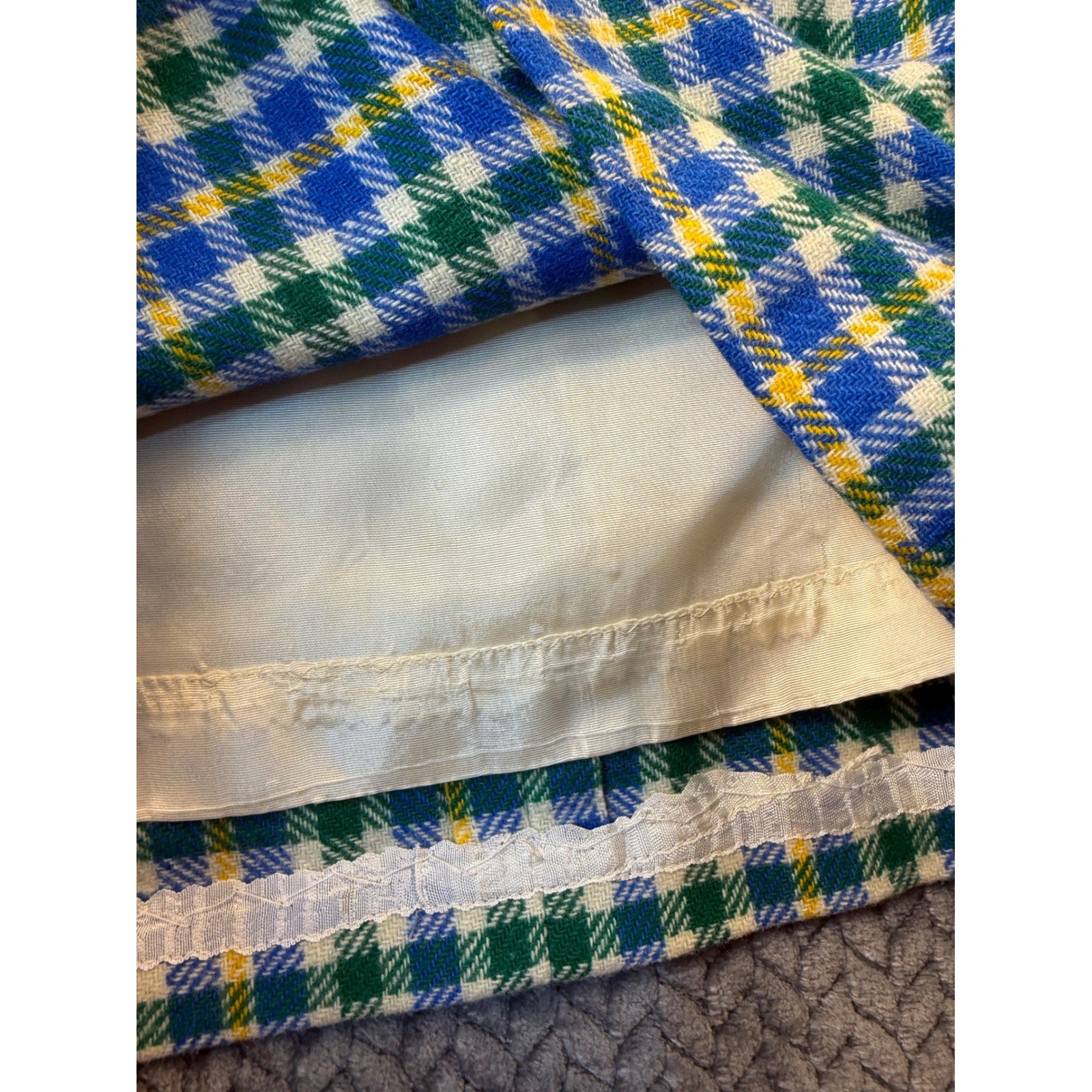 Vintage Plaid A-Line Skirt Blue Green Yellow Wool Check Mod Schoolgirl Preppy