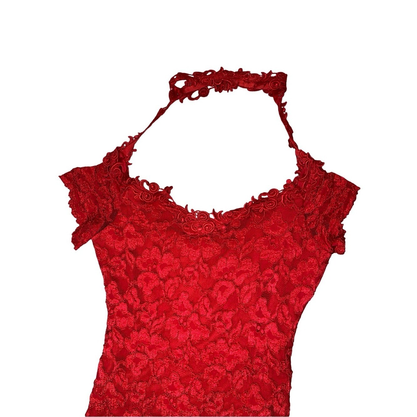 Vintage 90s Molly Malloy All That Jazz Red Lace Midi Dress with choker size 6