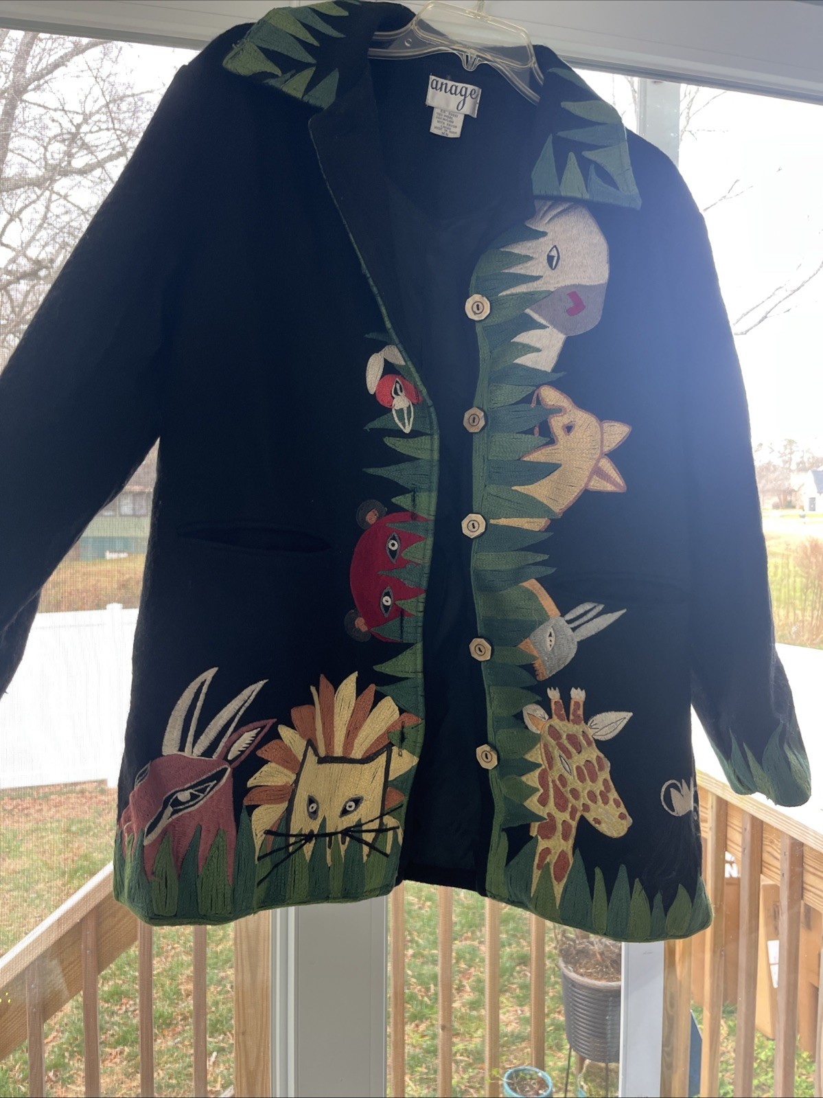 RARE VTG Anage Jacket Jungle Animals Black Embroidered Applique Size XS