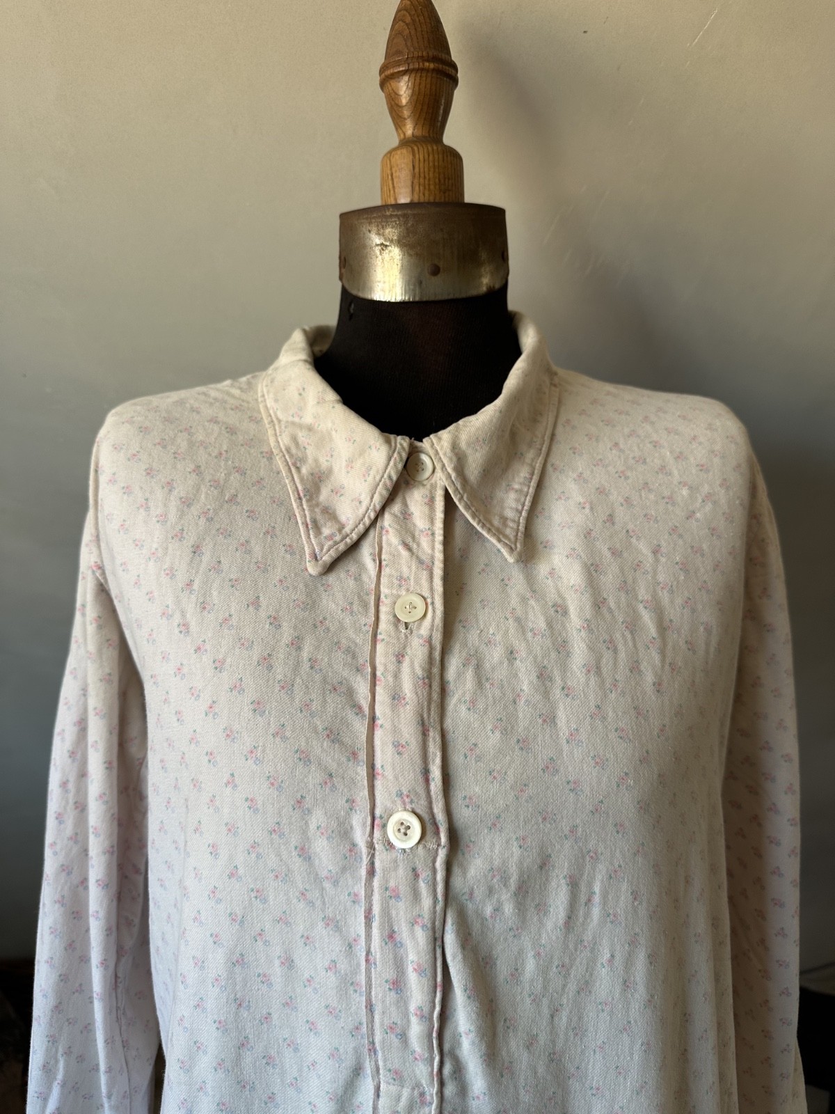 1920s 30s French Pink Flannel Dress Floral Pullover Nightgown Fade Repairs Worn