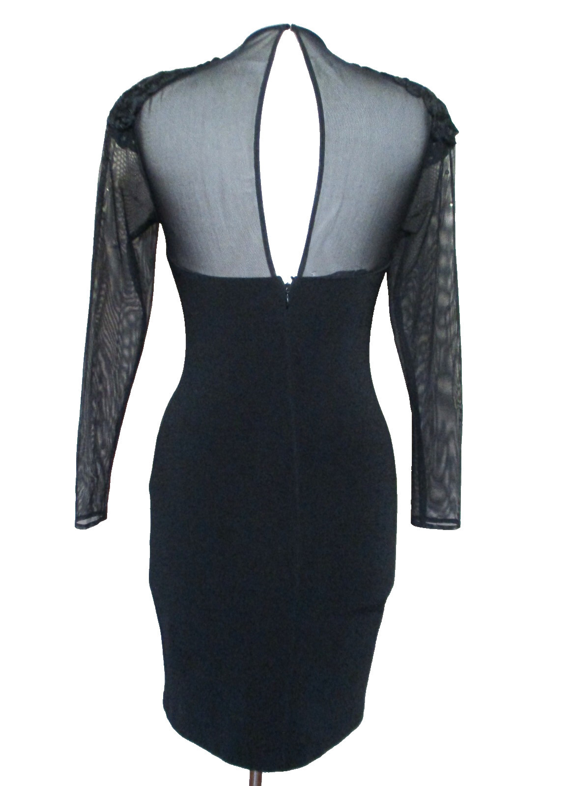 Vtg 80s HW Collection Black Bodycon Dress S Women Crystal Studded Illusion Top