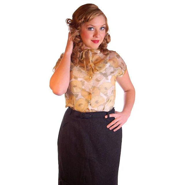 VTG 1950s Sheer Nylon Blouse Gold Floral Print Secretary Pinup Size 34 Bust 38