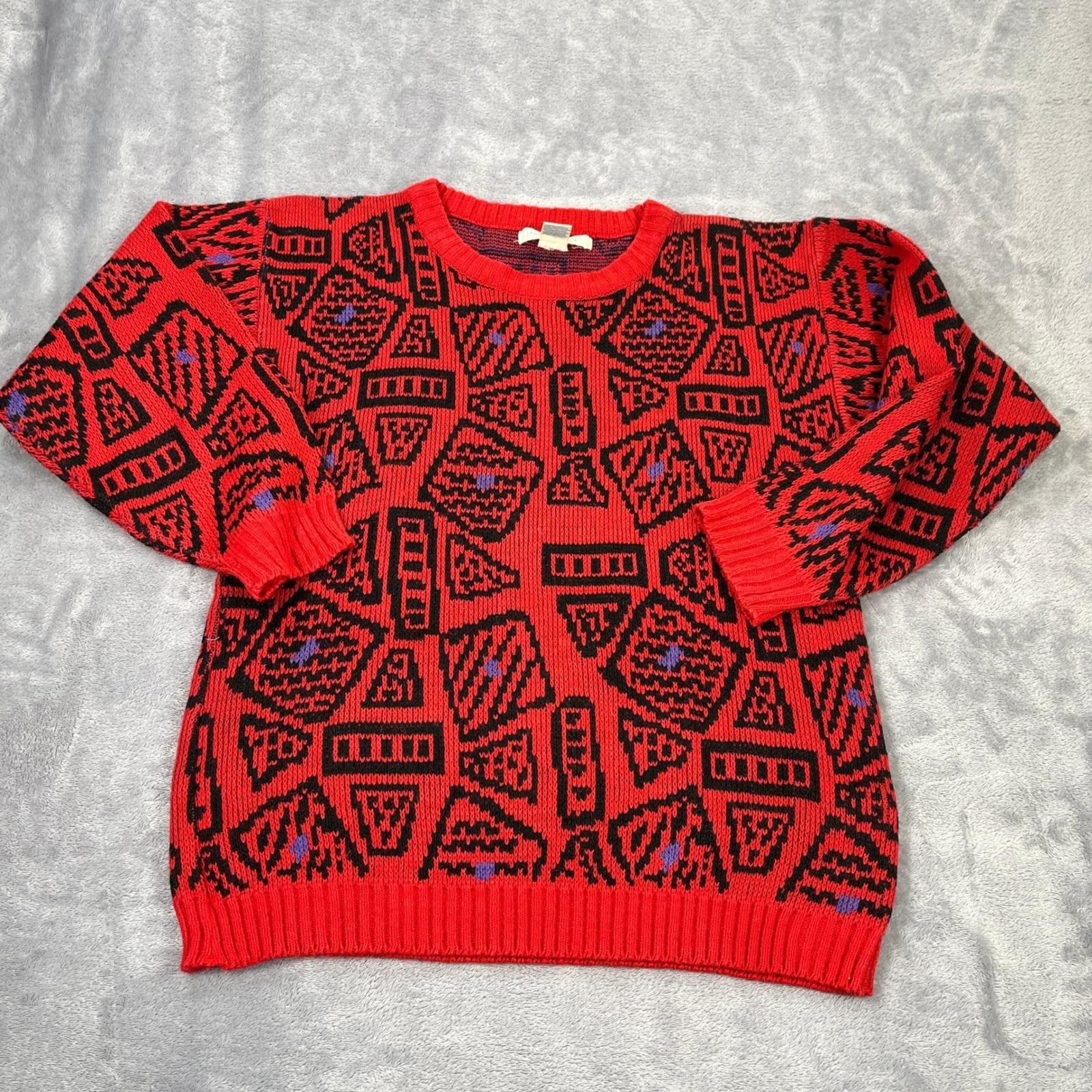 Vintage 90s Statement Sweater M Red Black Geometric Knit Grandpa Sweater Retro