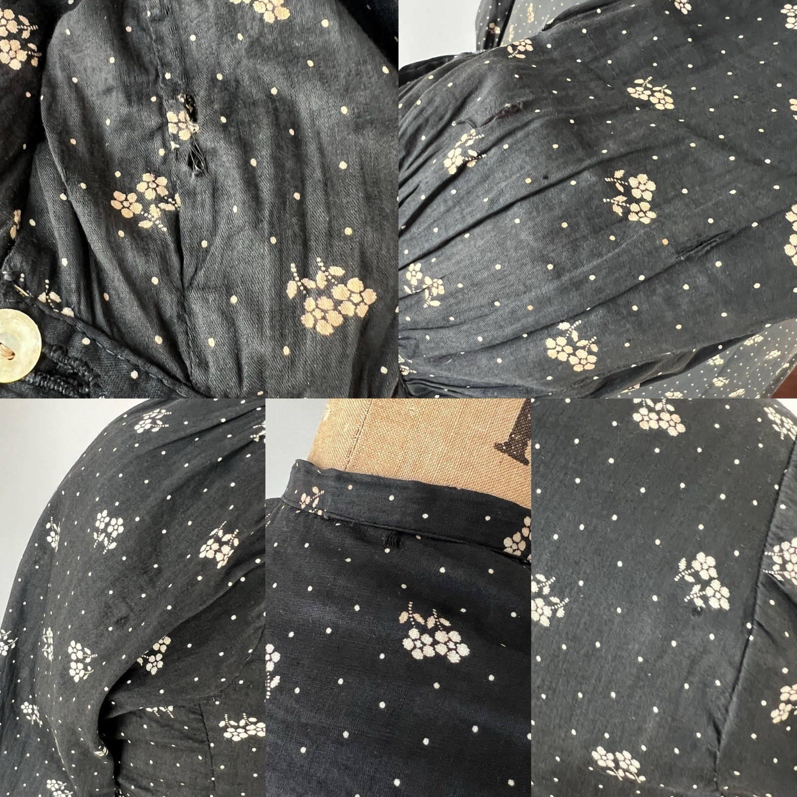 Antique Victorian 1890s 1900s Black Floral Calico Dress Set Prairie M 29 30 W