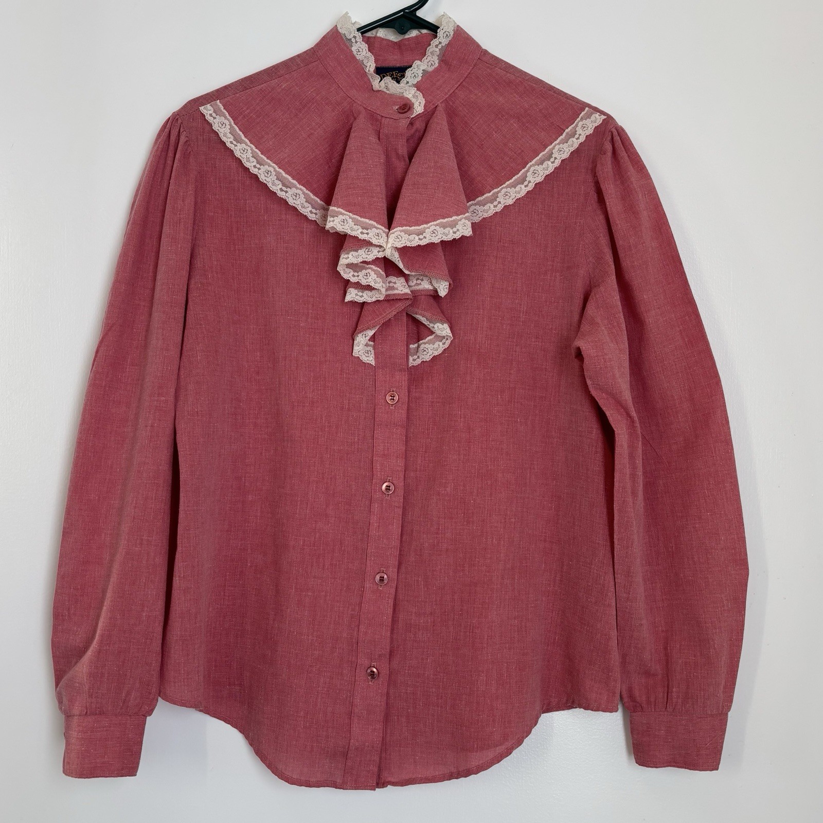 Vintage Dee Cee Prairie Western Blouse Shirt Red Lace Ruffle High Neck Large
