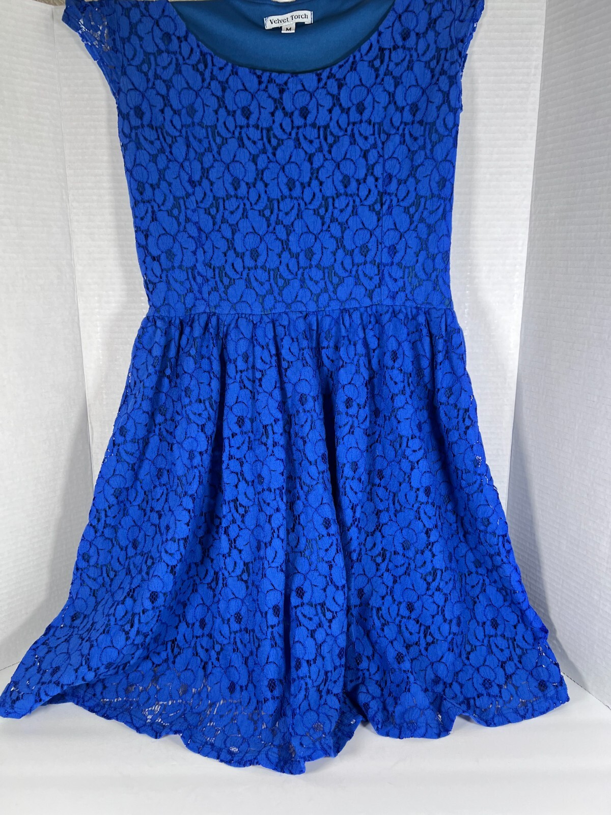 VTG Royal Blue Lace Silk Lined Short Dress Adult M Cocktail Prom Wedding USA