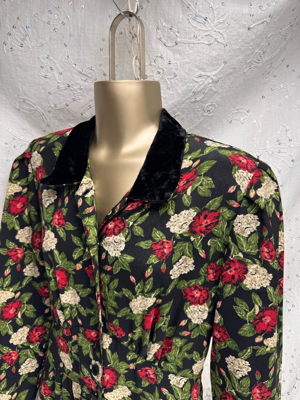 Vintage 80s 90s Northern Traditions Floral Maxi Dress Velvet Collar Button Front
