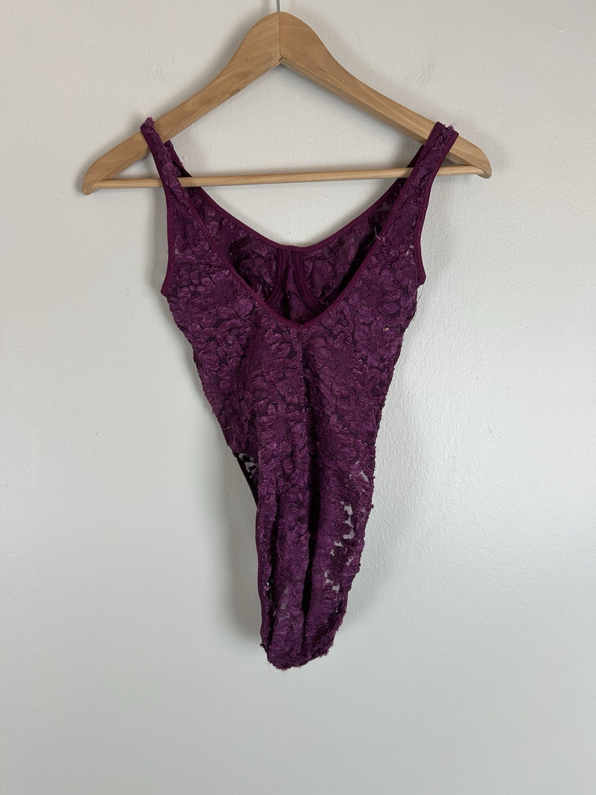 Vintage Vassarette Lace Embroidered Teddy Bodysuit Size 34C Purple Mesh Lingerie