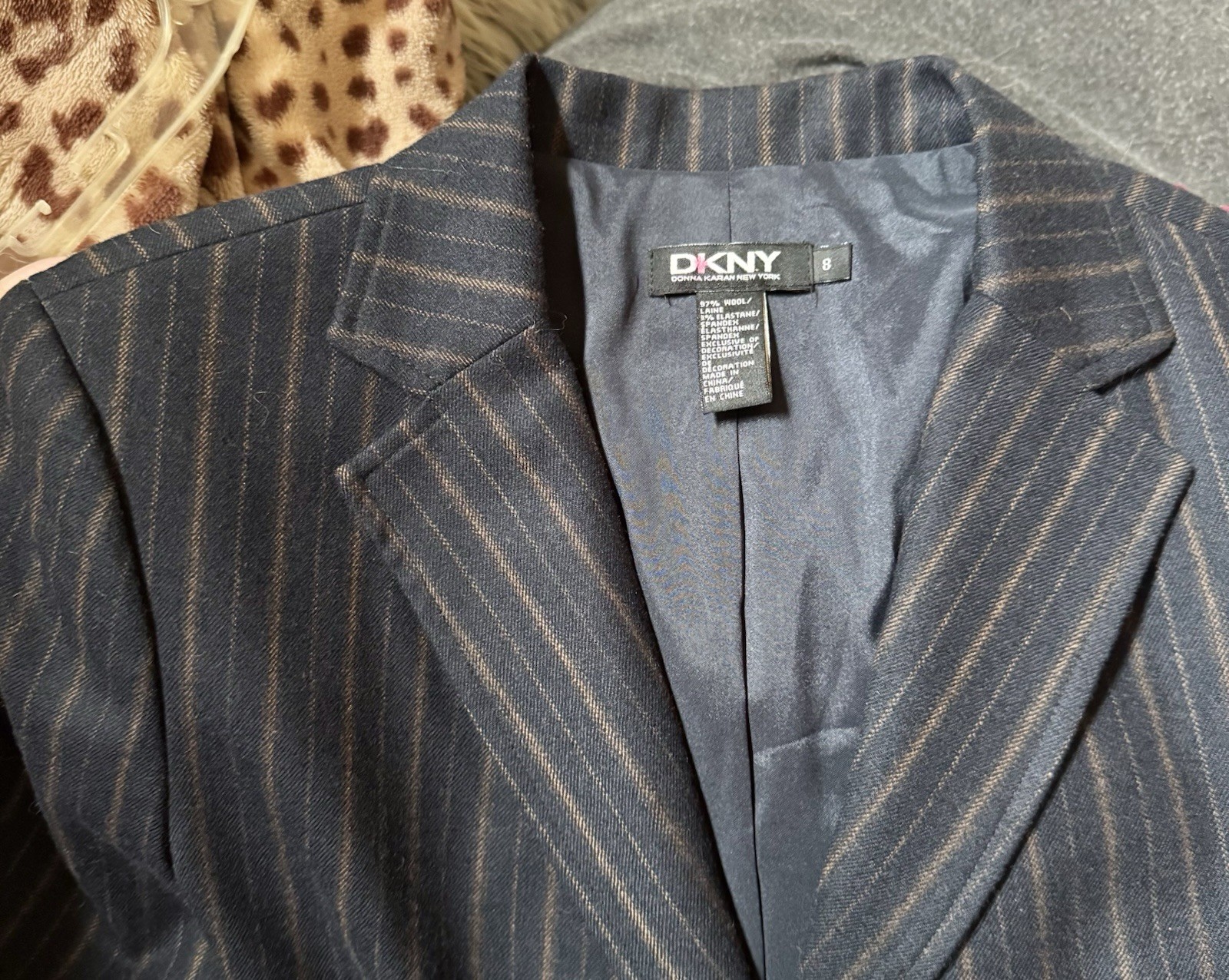 Vtg DKNY Donna Karan Navy Striped Beaded Blazer Jacket 8 S M 80s 90s Pockets