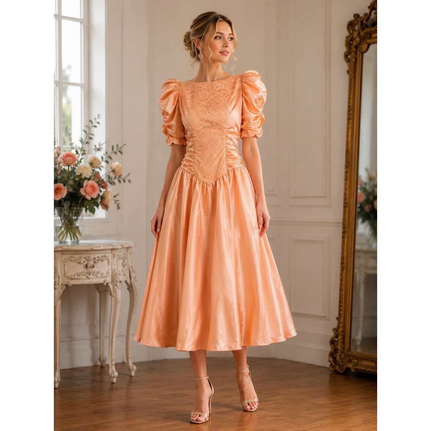 Vintage 80s Unbranded Prom Dress Peach Satin Ruched Lace Glamour Bow